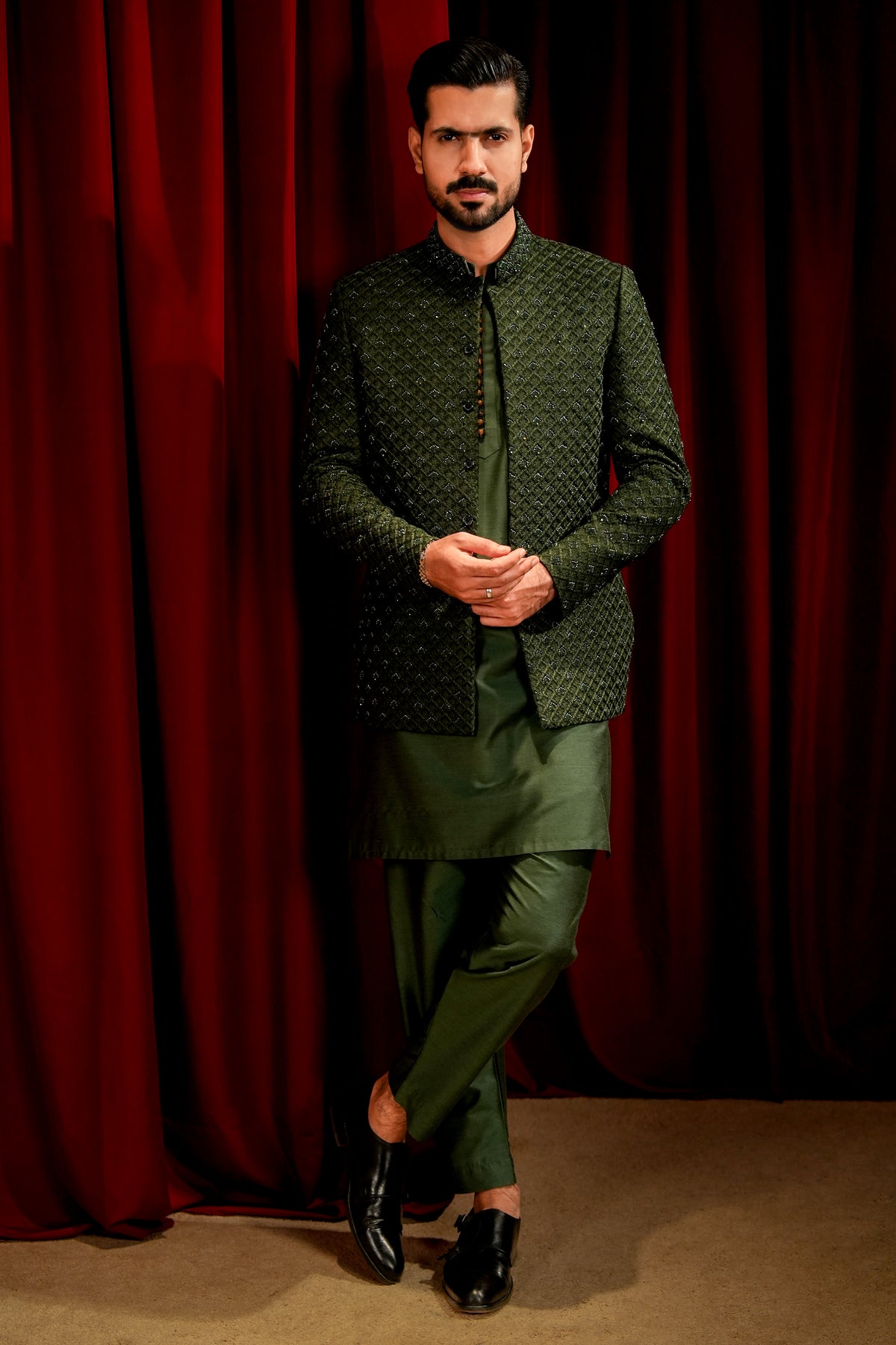 Bottle Green Embroidered Prince Coat with Ball-Button Kurta Pajama