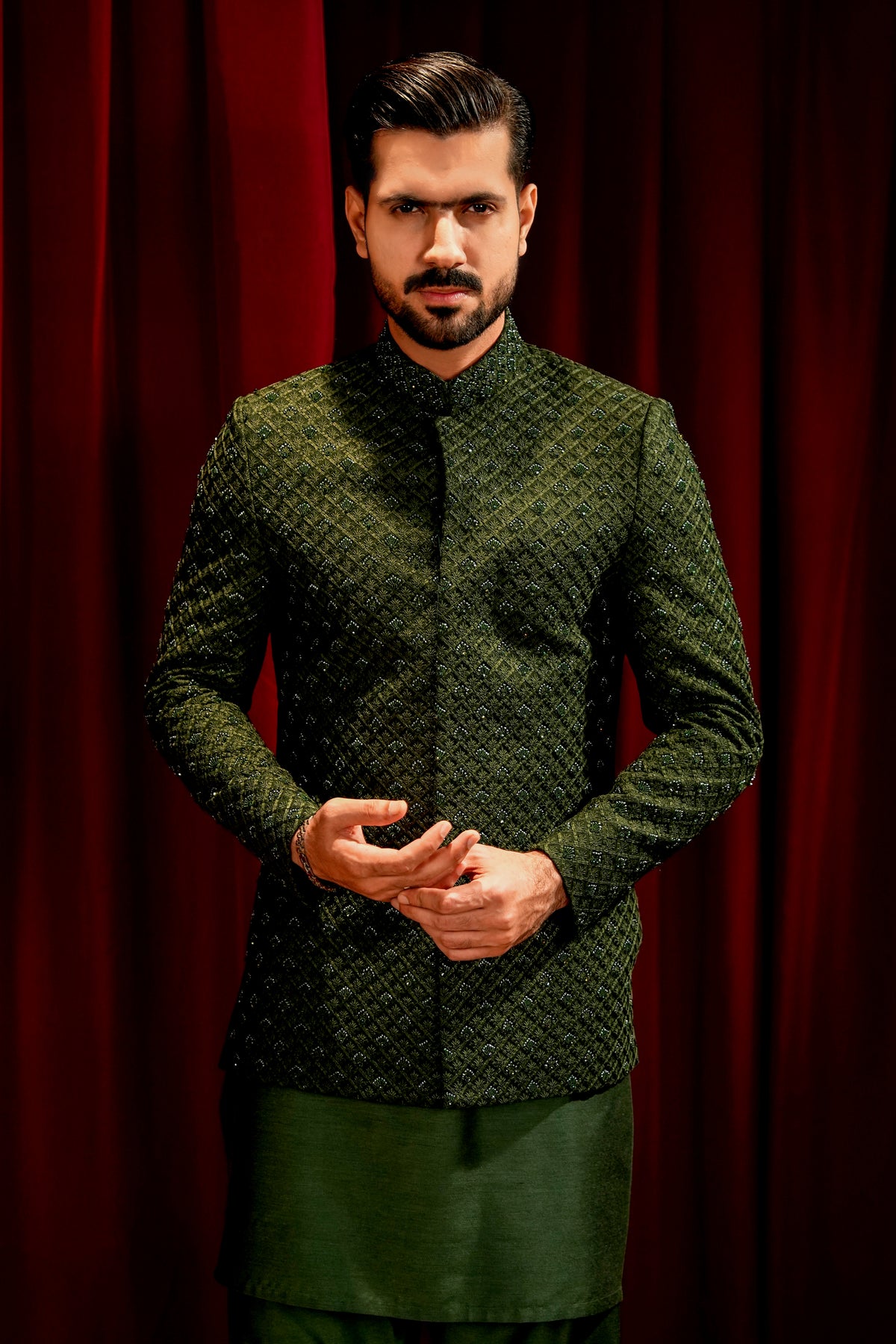 Bottle Green Embroidered Prince Coat with Ball-Button Kurta Pajama