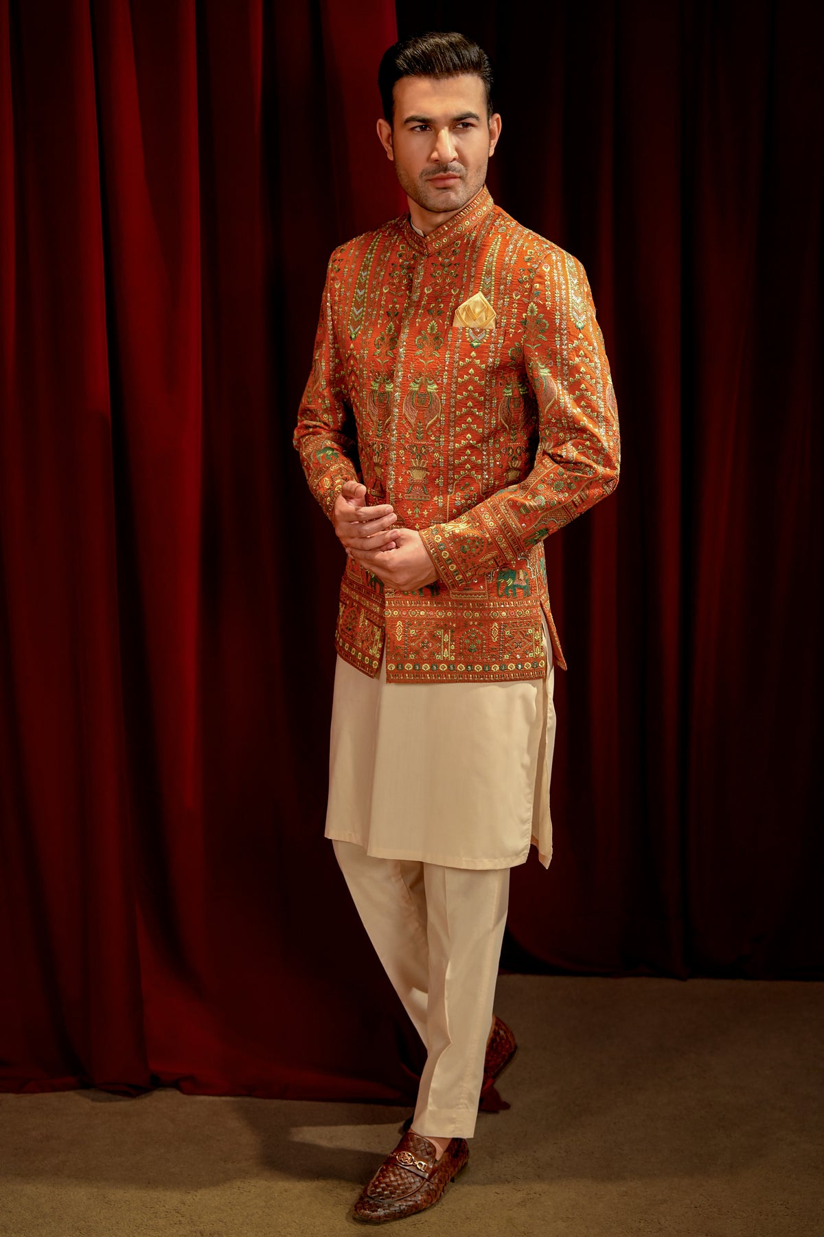 Orange Embroidered Prince Coat with Cream Kurta Pajama