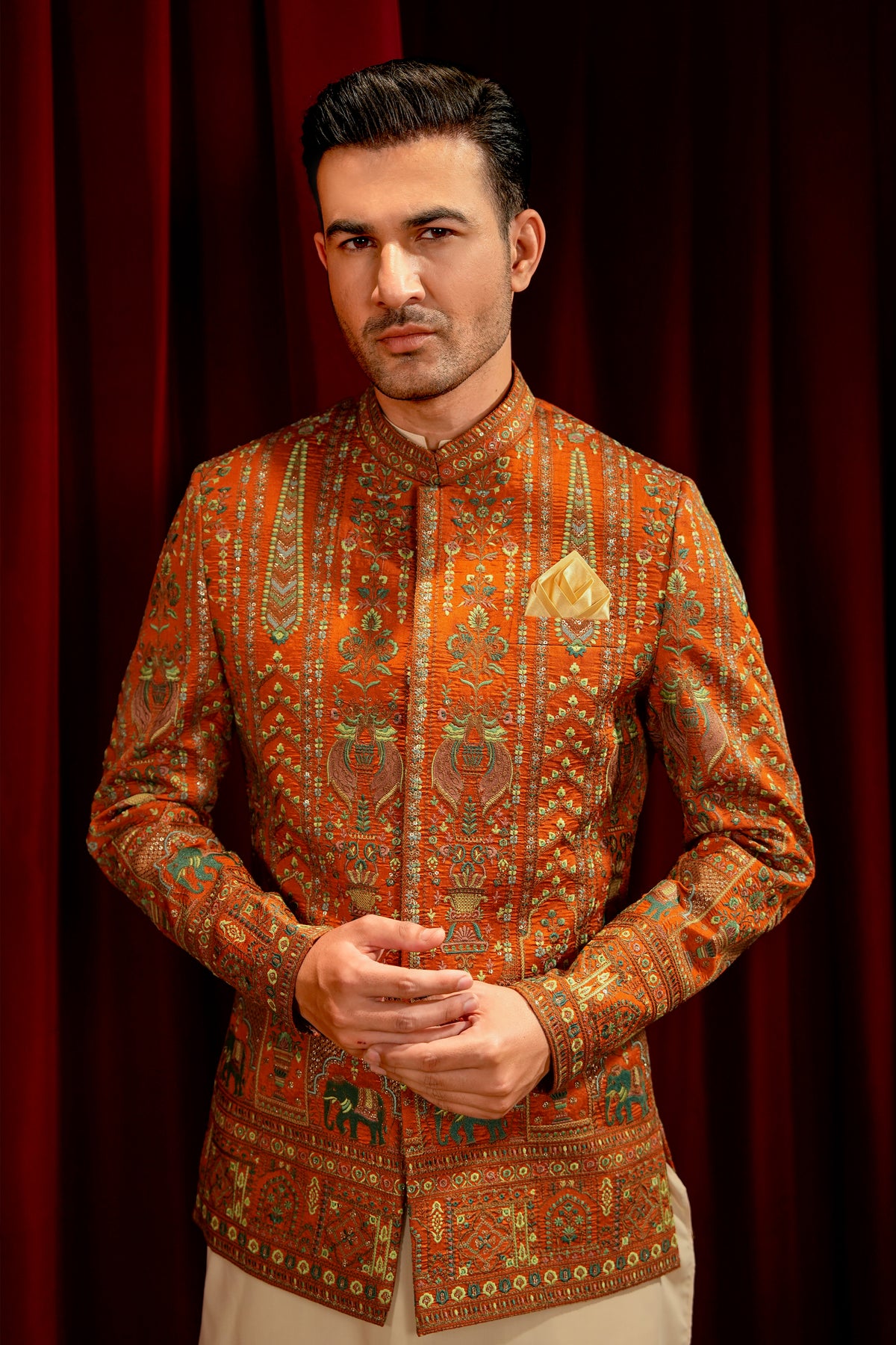 Orange Embroidered Prince Coat with Cream Kurta Pajama