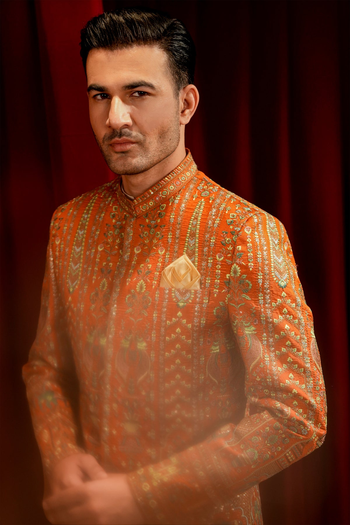 Orange Embroidered Prince Coat with Cream Kurta Pajama