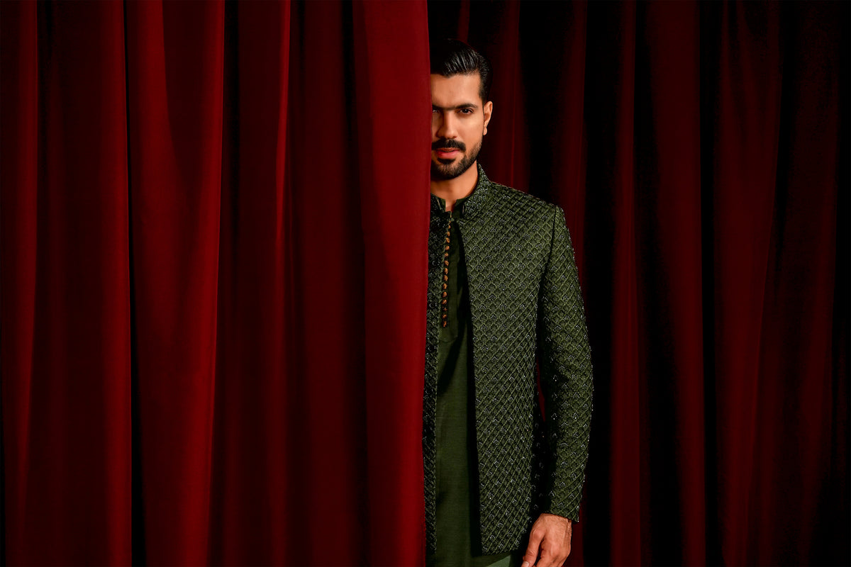 Bottle Green Embroidered Prince Coat with Ball-Button Kurta Pajama