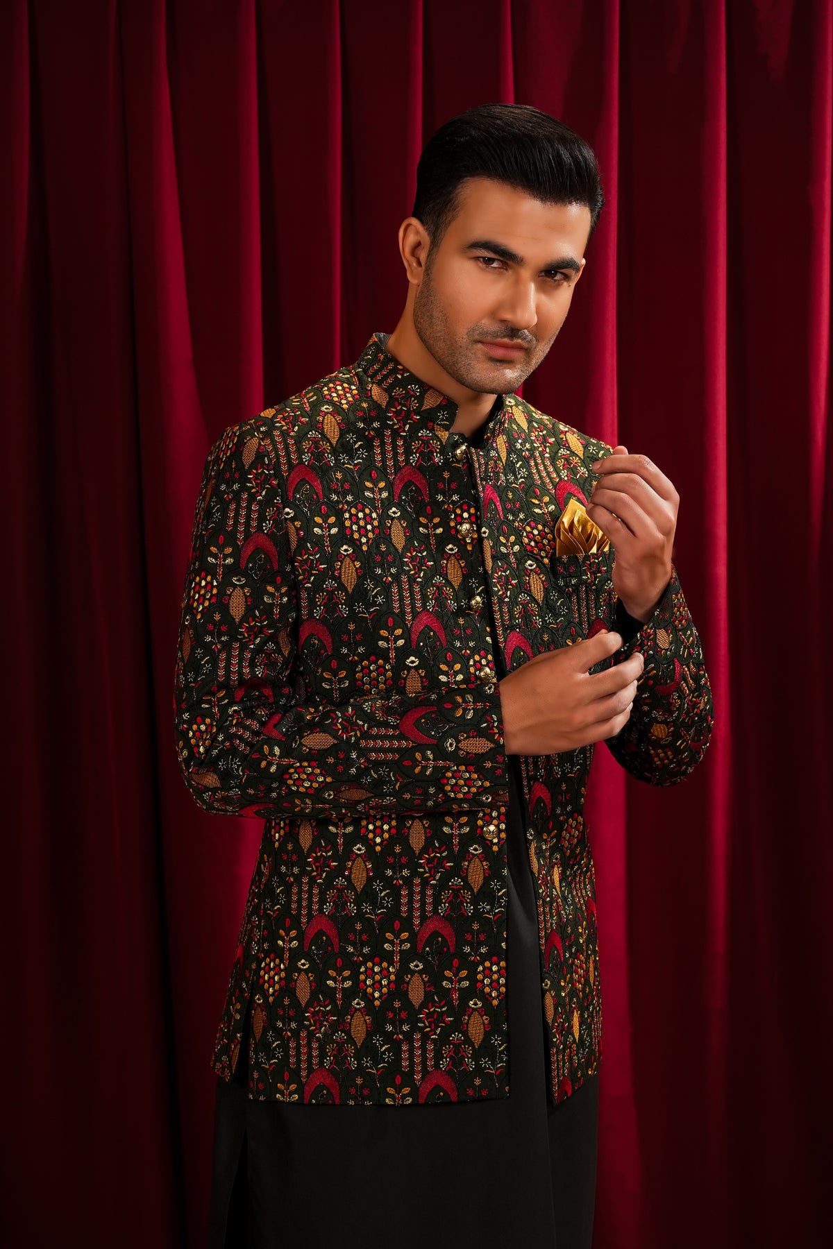 Multicolour Embroidered Prince Coat with Black Kurta Pajama