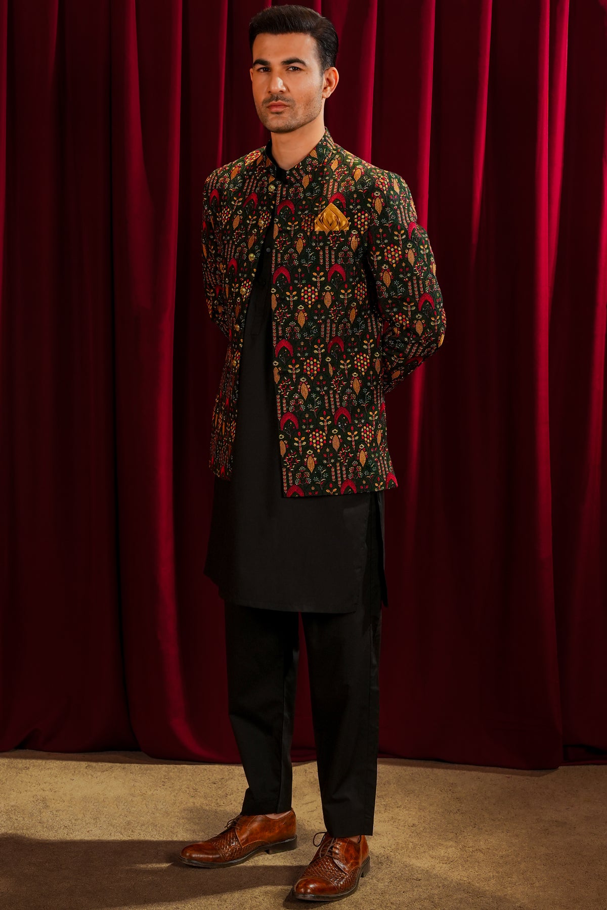 Multicolour Embroidered Prince Coat with Black Kurta Pajama