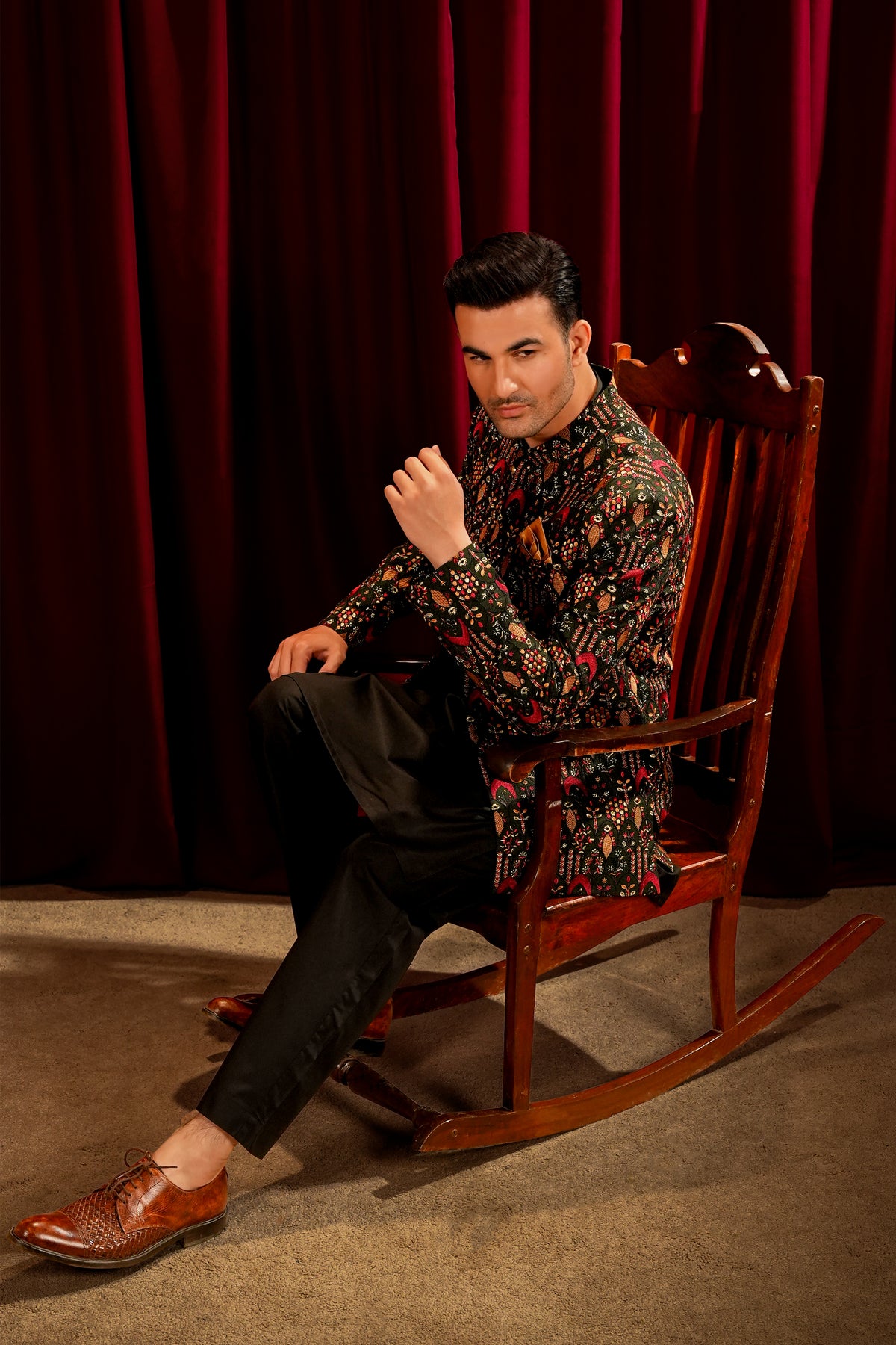 Multicolour Embroidered Prince Coat with Black Kurta Pajama