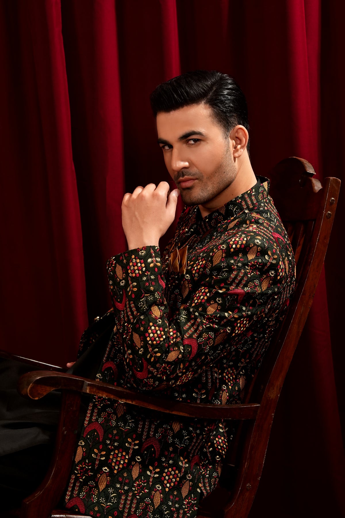 Multicolour Embroidered Prince Coat with Black Kurta Pajama