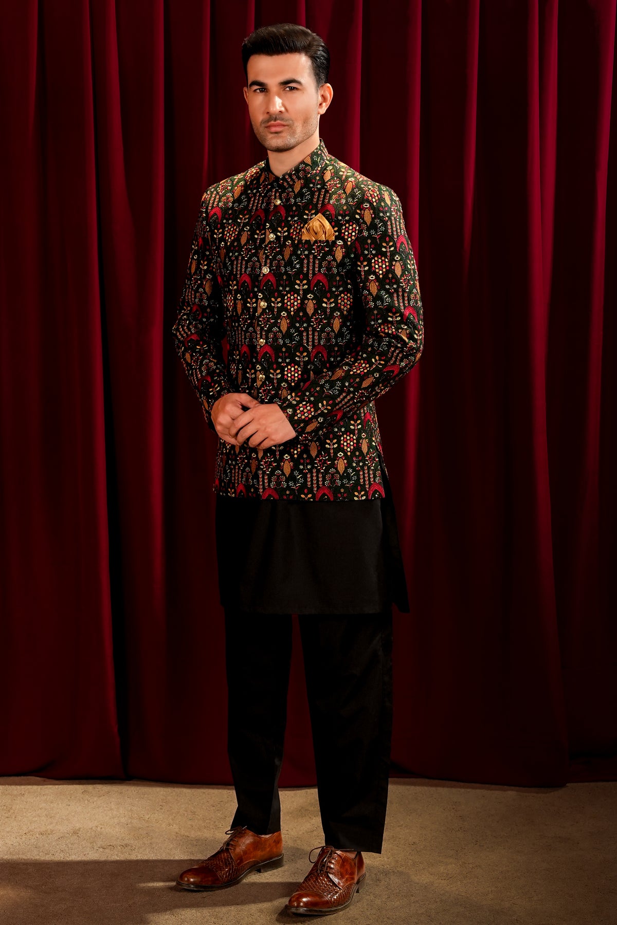 Multicolour Embroidered Prince Coat with Black Kurta Pajama