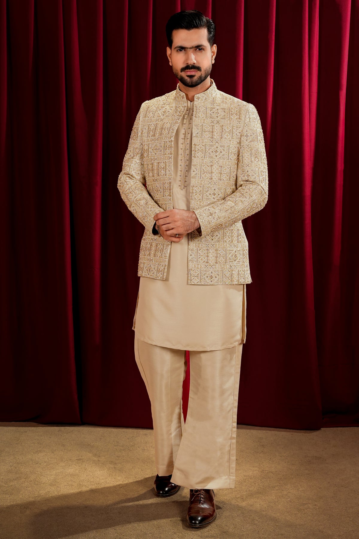 Fawn Embroidered Bandhgala Jacket Suit with Farshi Pajama