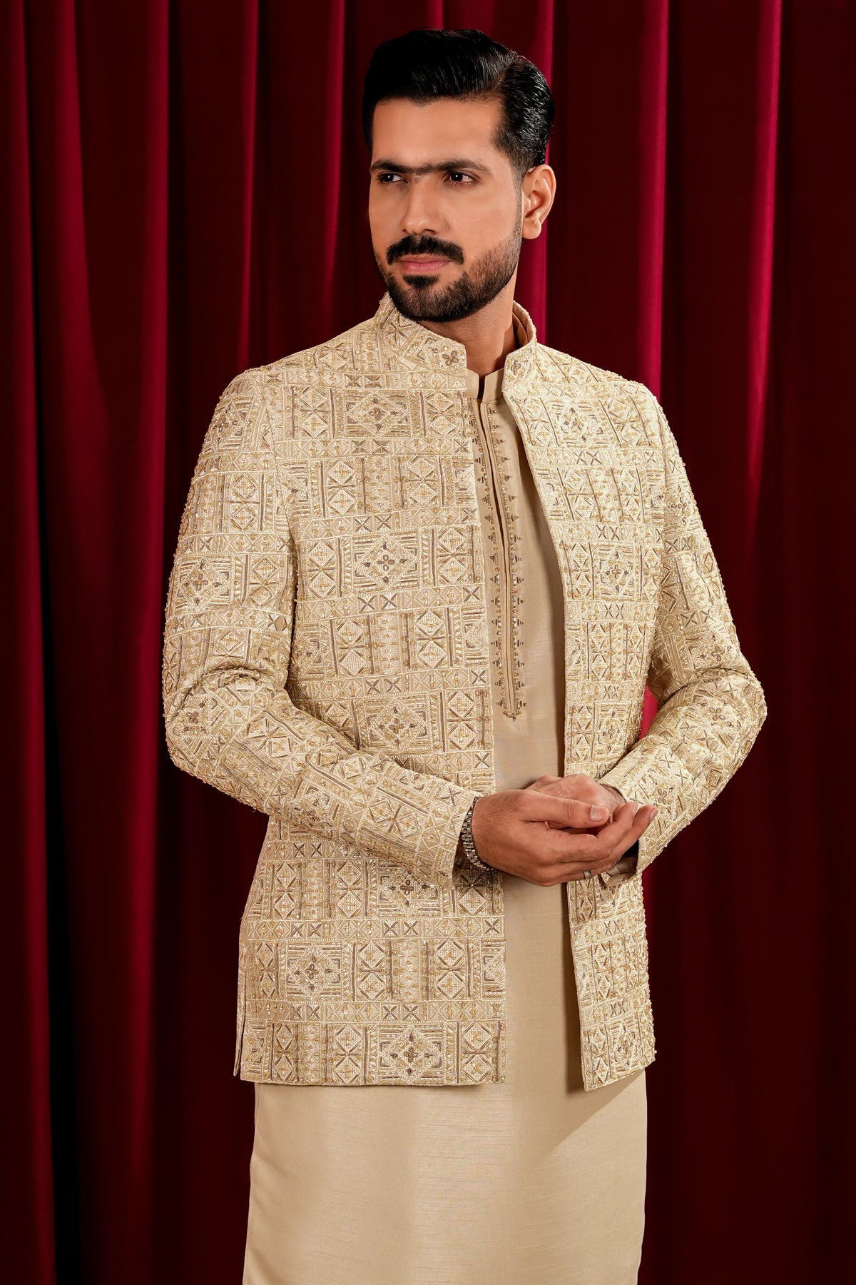 Fawn Embroidered Bandhgala Jacket Suit with Farshi Pajama