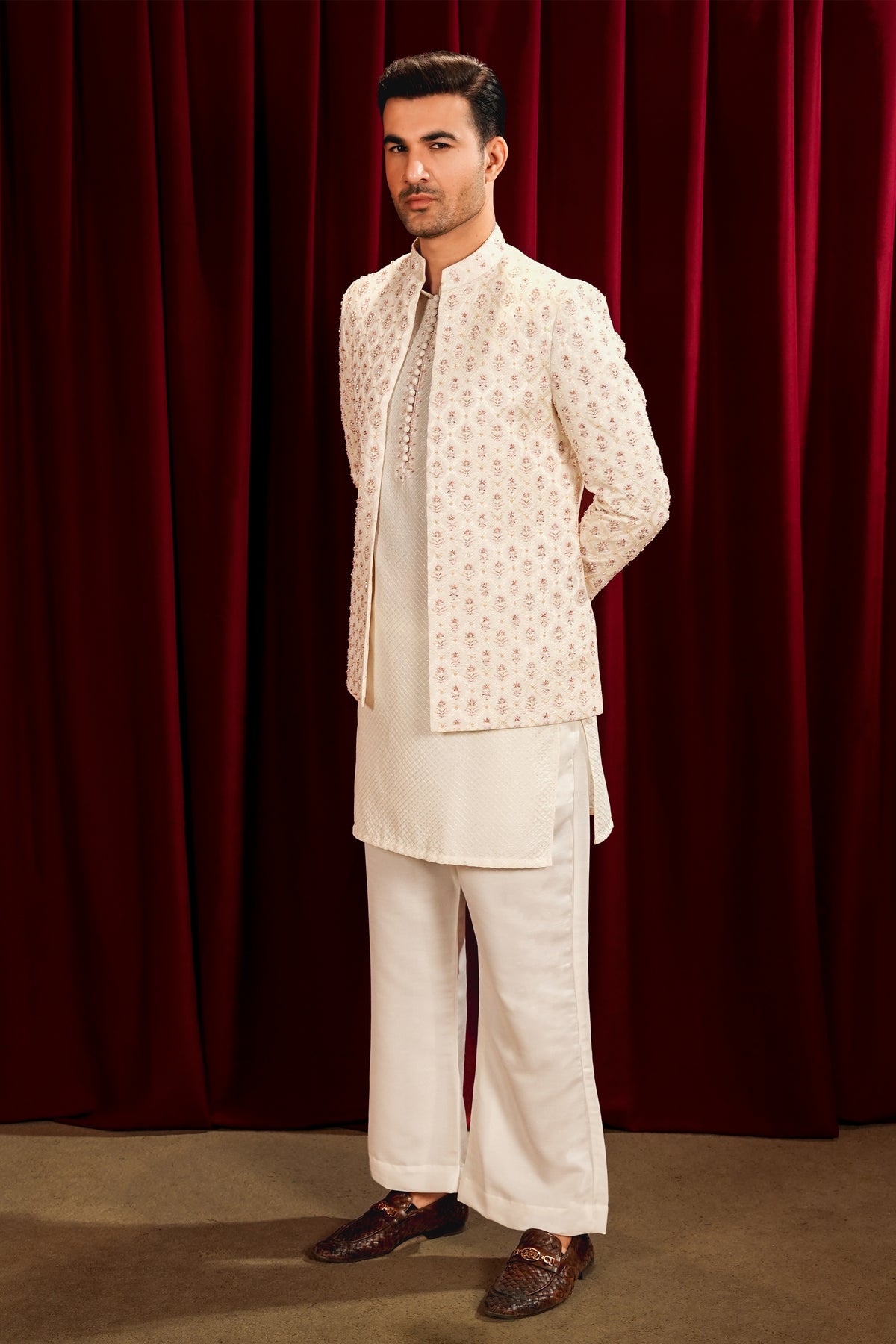 Off-White Embroidered Bandhgala Jacket Suit with Farshi Pajama