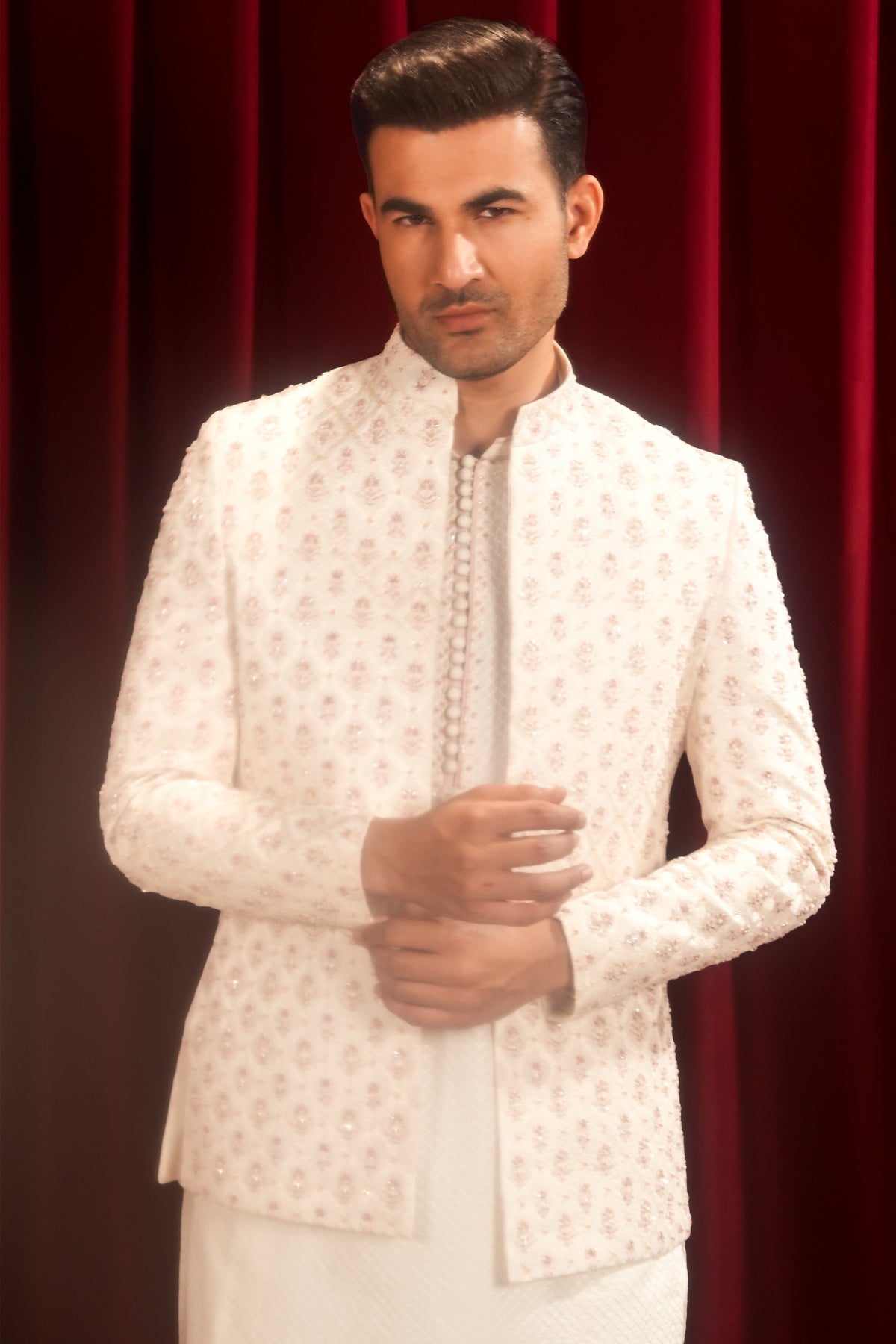 Off-White Embroidered Bandhgala Jacket Suit with Farshi Pajama