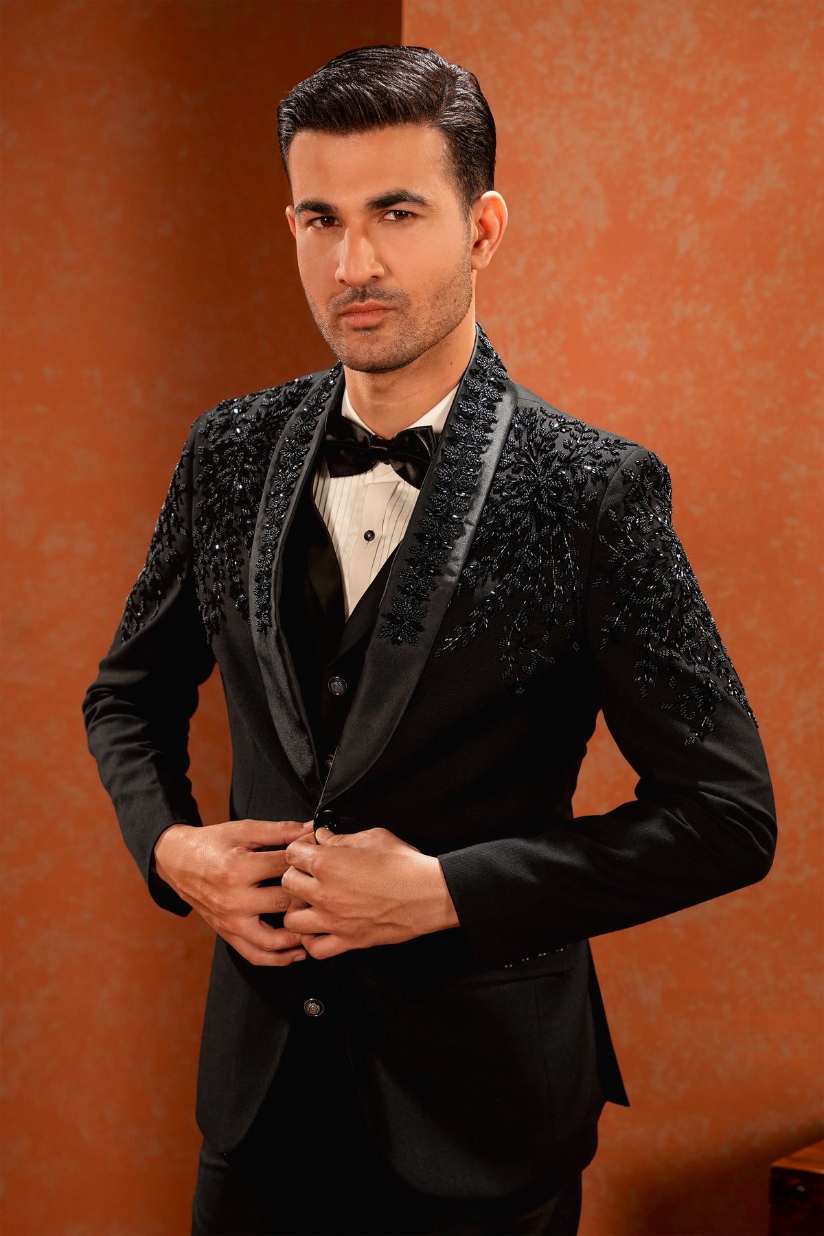 Black Embellished Shawl-Lapel Tuxedo with Waistcoat