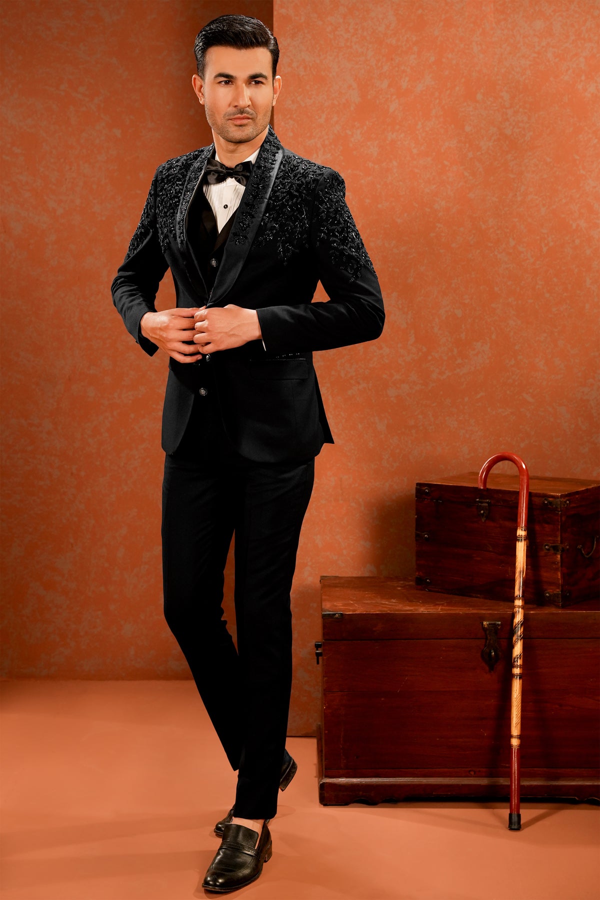 Black Embellished Shawl-Lapel Tuxedo with Waistcoat