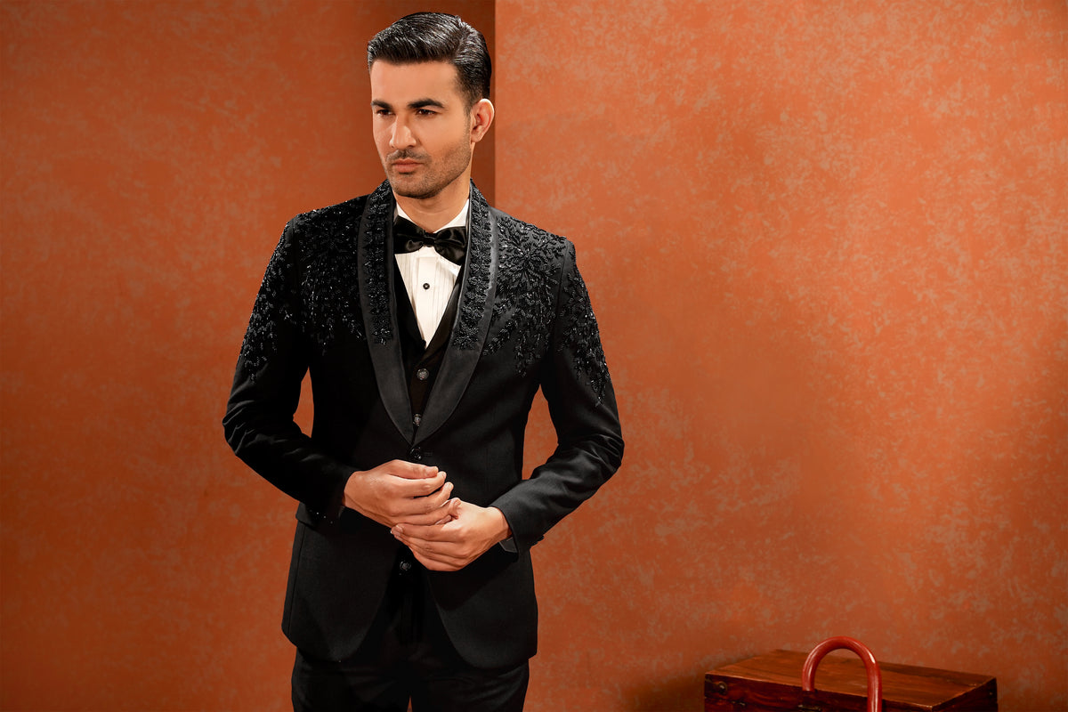 Black Embellished Shawl-Lapel Tuxedo with Waistcoat