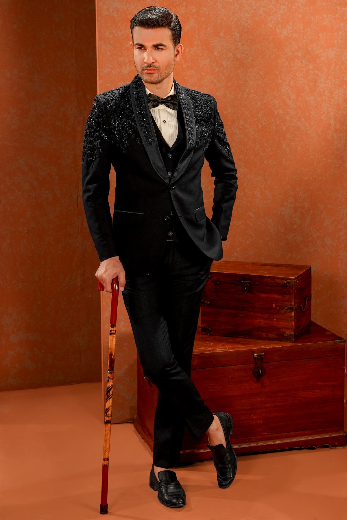 Black Embellished Shawl-Lapel Tuxedo with Waistcoat