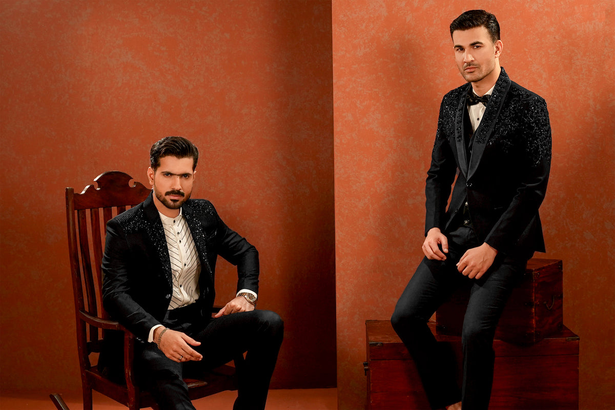 Black Embellished-Lapel Tuxedo with Bow Tie