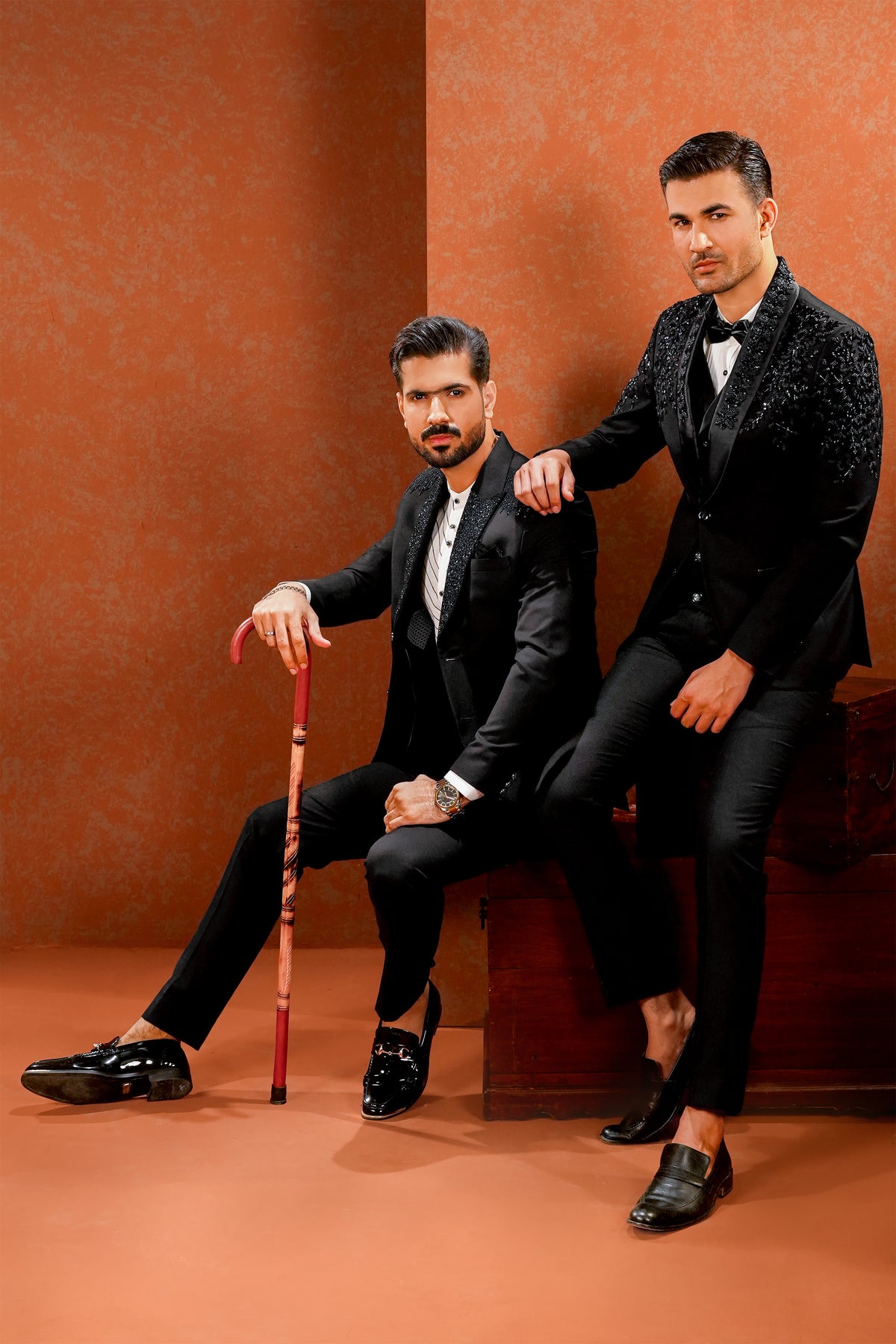 Black Embellished Shawl-Lapel Tuxedo with Waistcoat