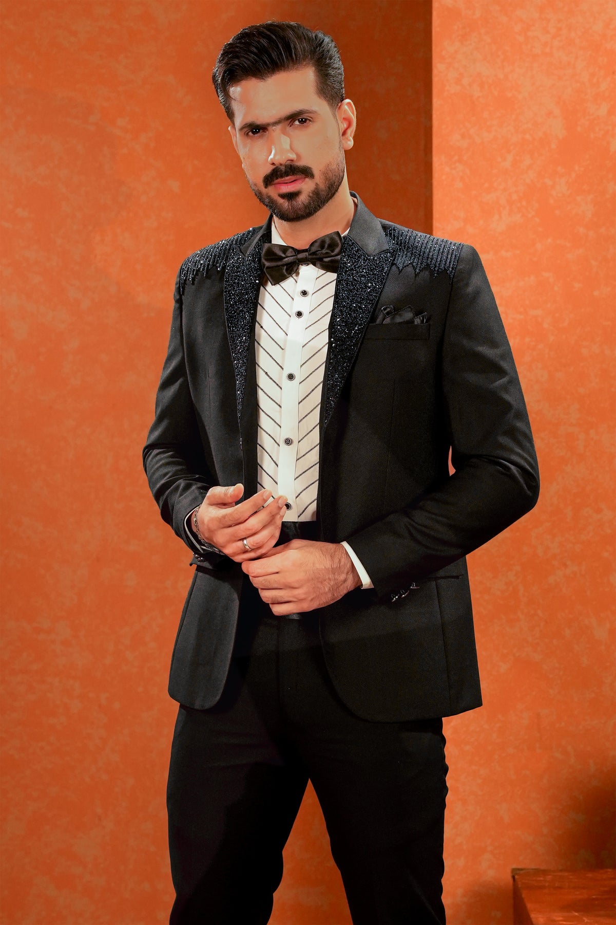 Black Embellished-Lapel Tuxedo with Bow Tie