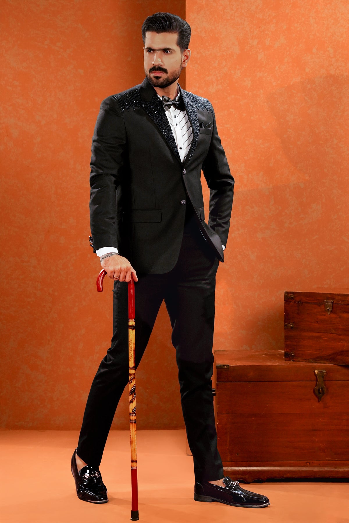 Black Embellished-Lapel Tuxedo with Bow Tie