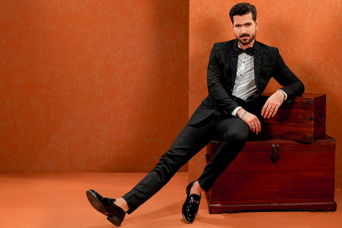 Black Embellished-Lapel Tuxedo with Bow Tie