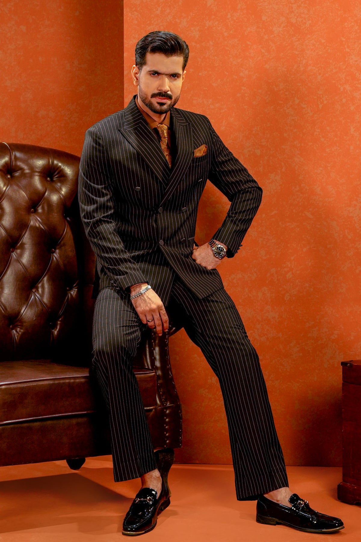 Black Pinstriped Double-Breasted Coat Pant with Rust Shirt