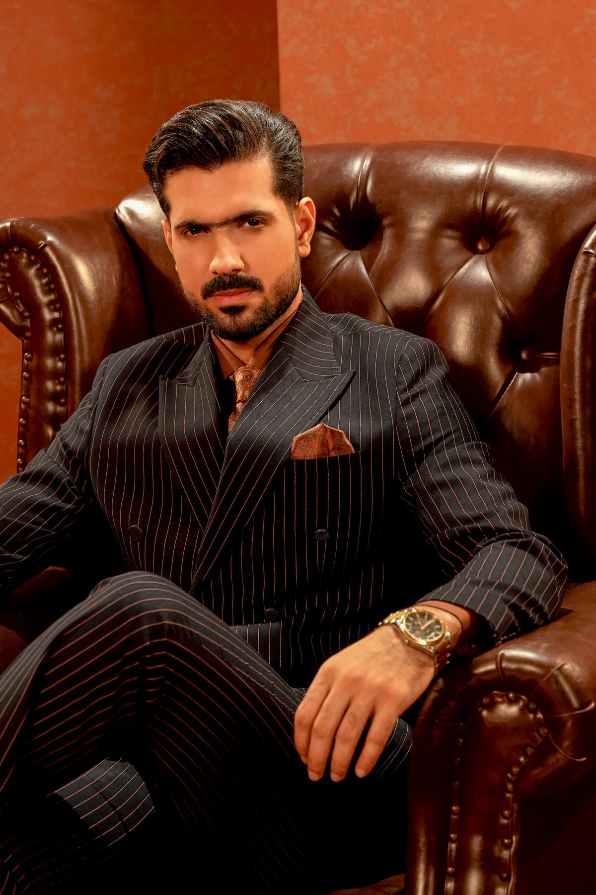 Black Pinstriped Double-Breasted Coat Pant with Rust Shirt