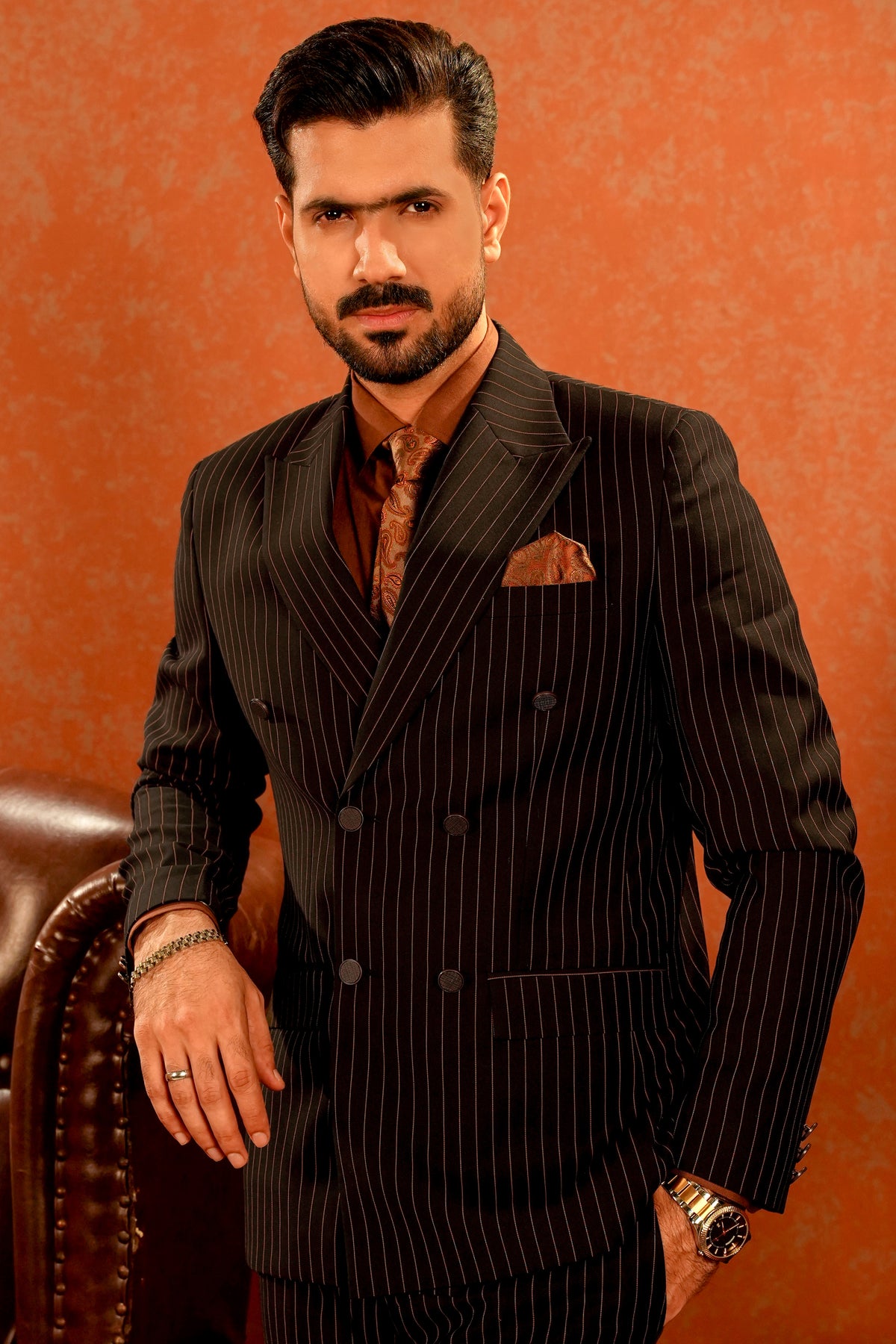 Black Pinstriped Double-Breasted Coat Pant with Rust Shirt