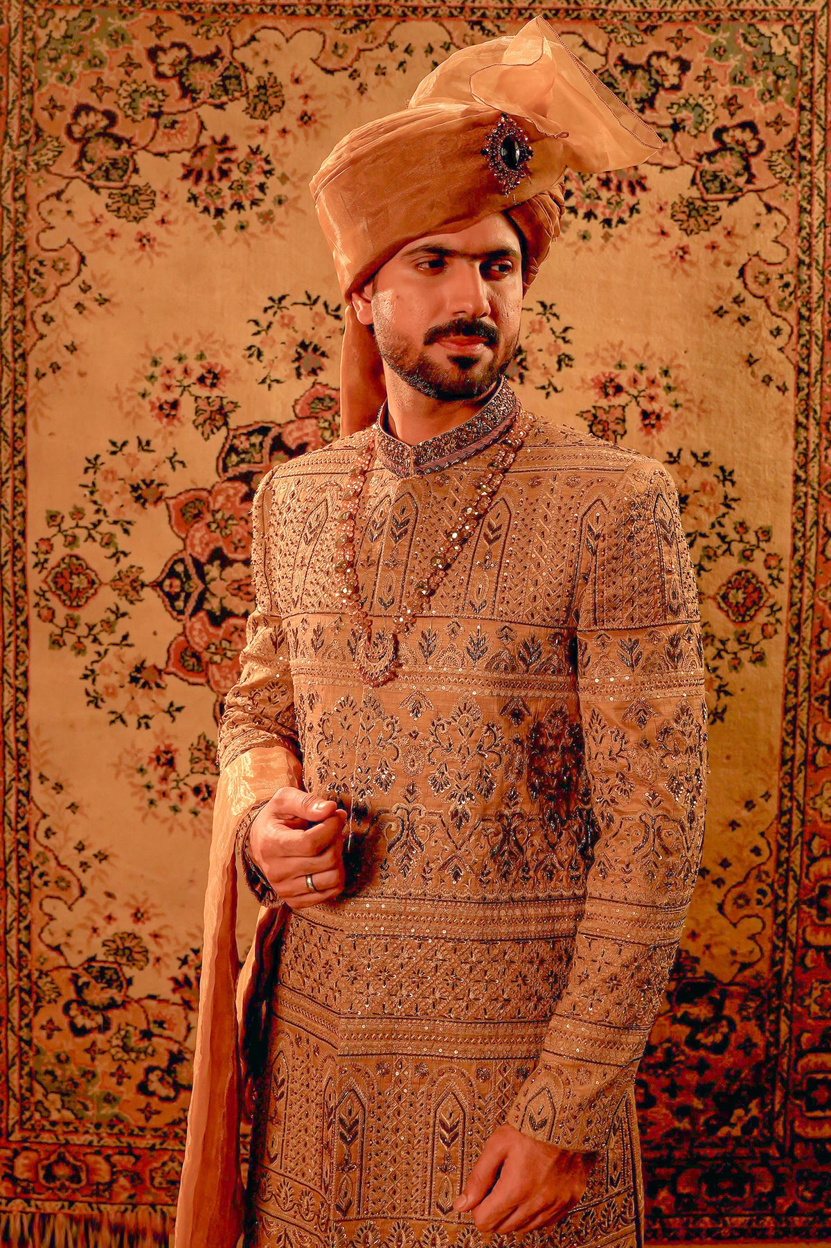Mud Gold Embroidered Sherwani Set with Organza Turban