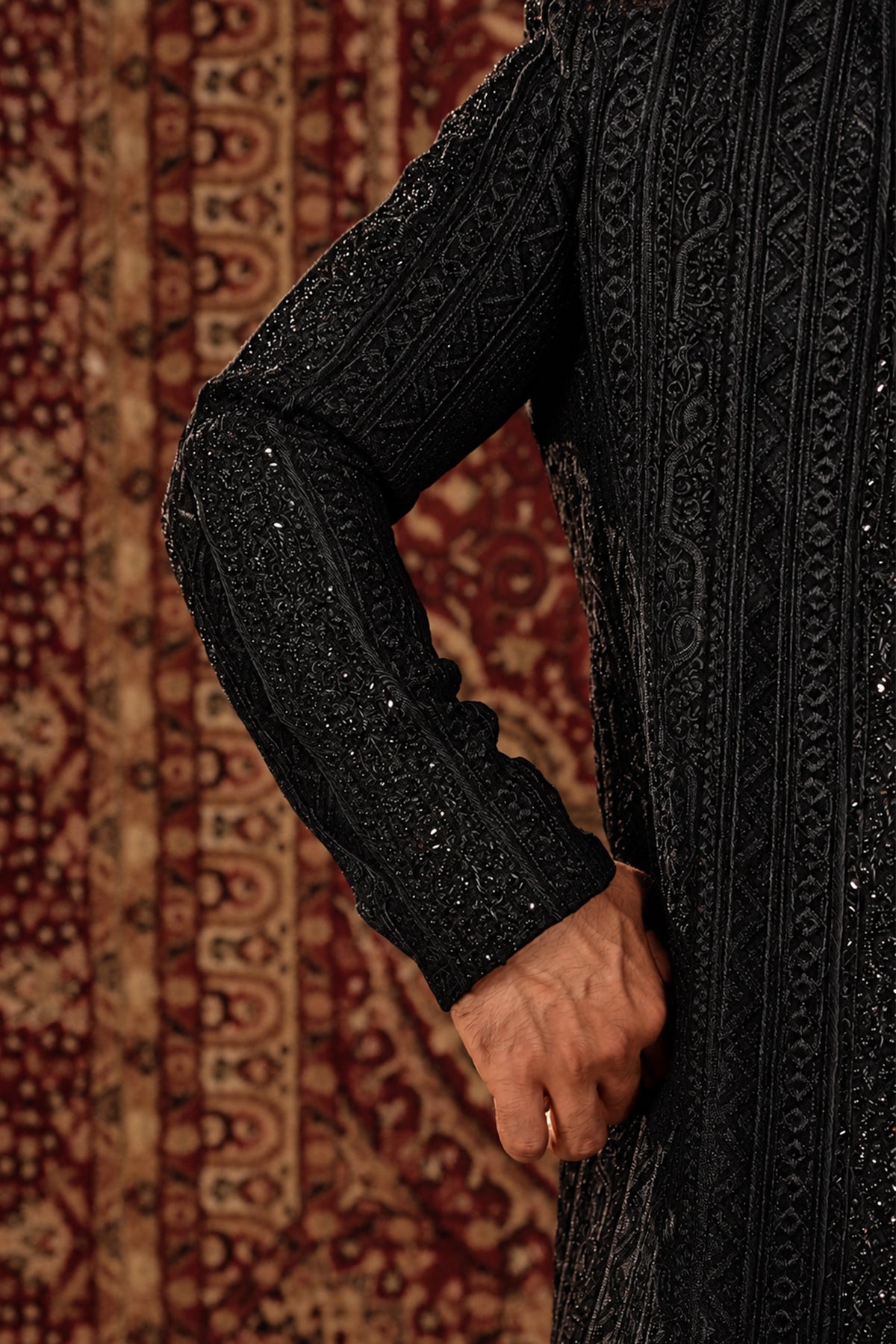 Black Embroidered Sherwani Set with Maroon Velvet Turban