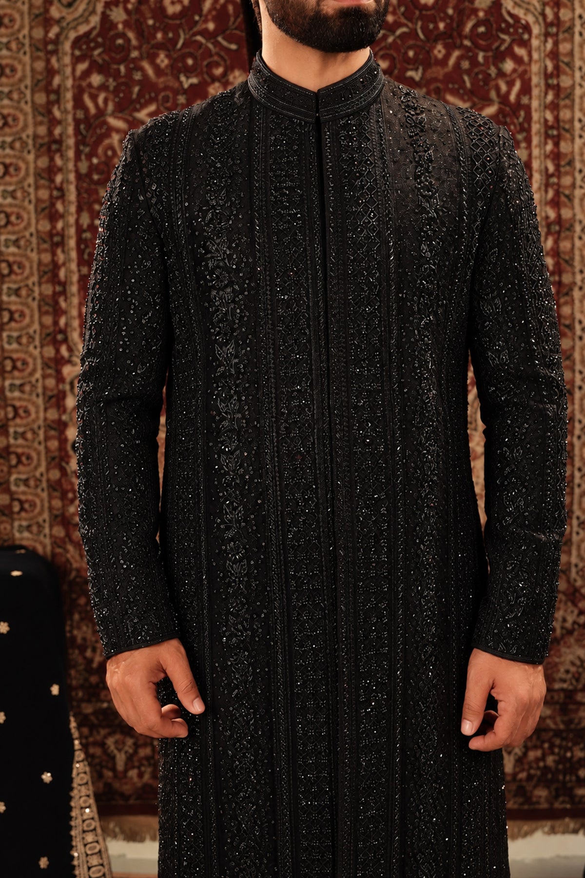Black Embroidered Sherwani Set with Maroon Velvet Turban