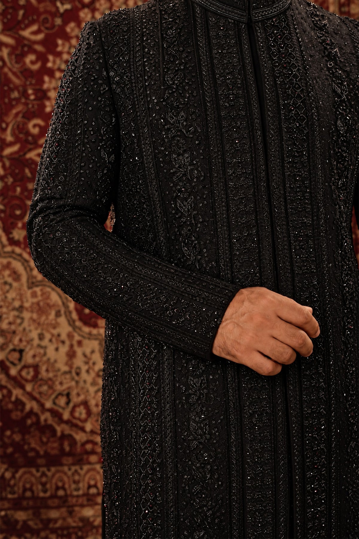 Black Embroidered Sherwani Set with Maroon Velvet Turban