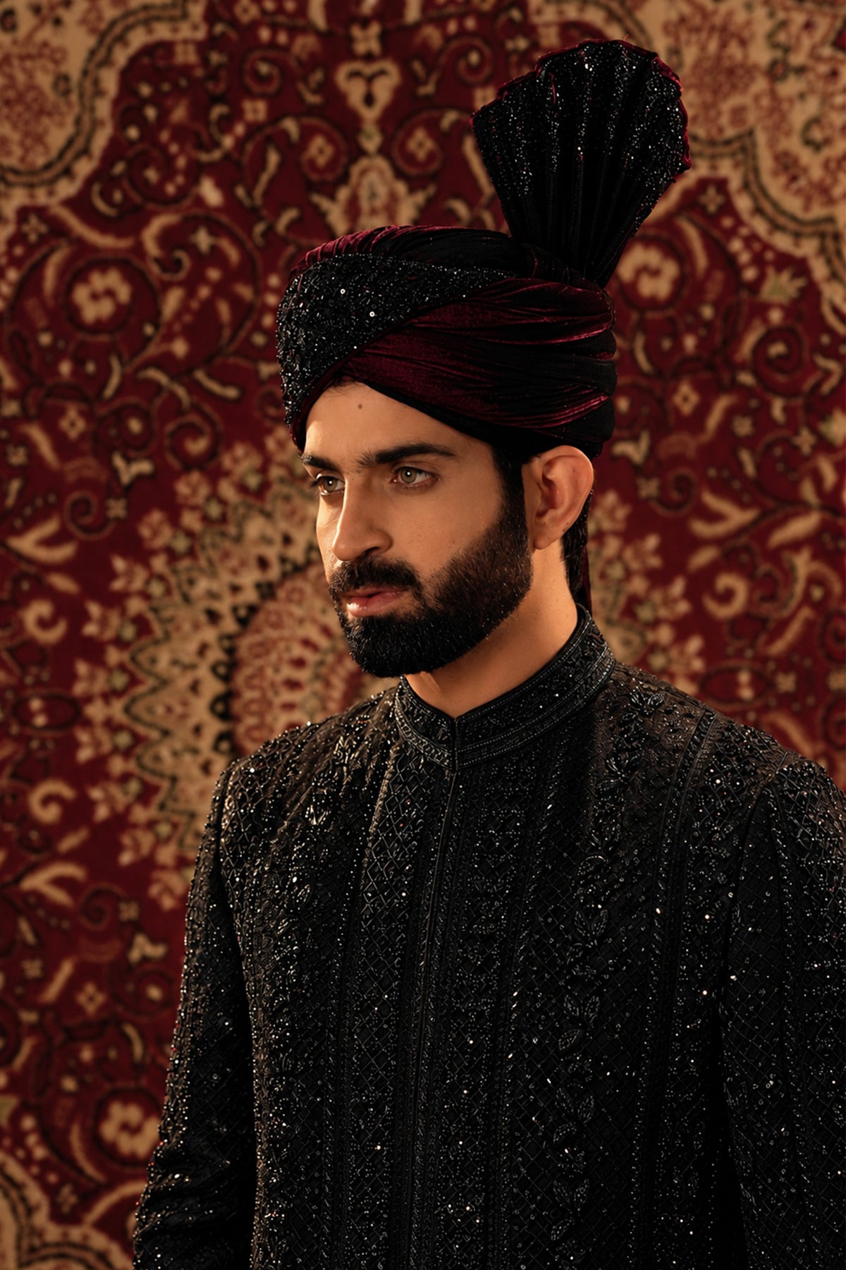 Black Embroidered Sherwani Set with Maroon Velvet Turban