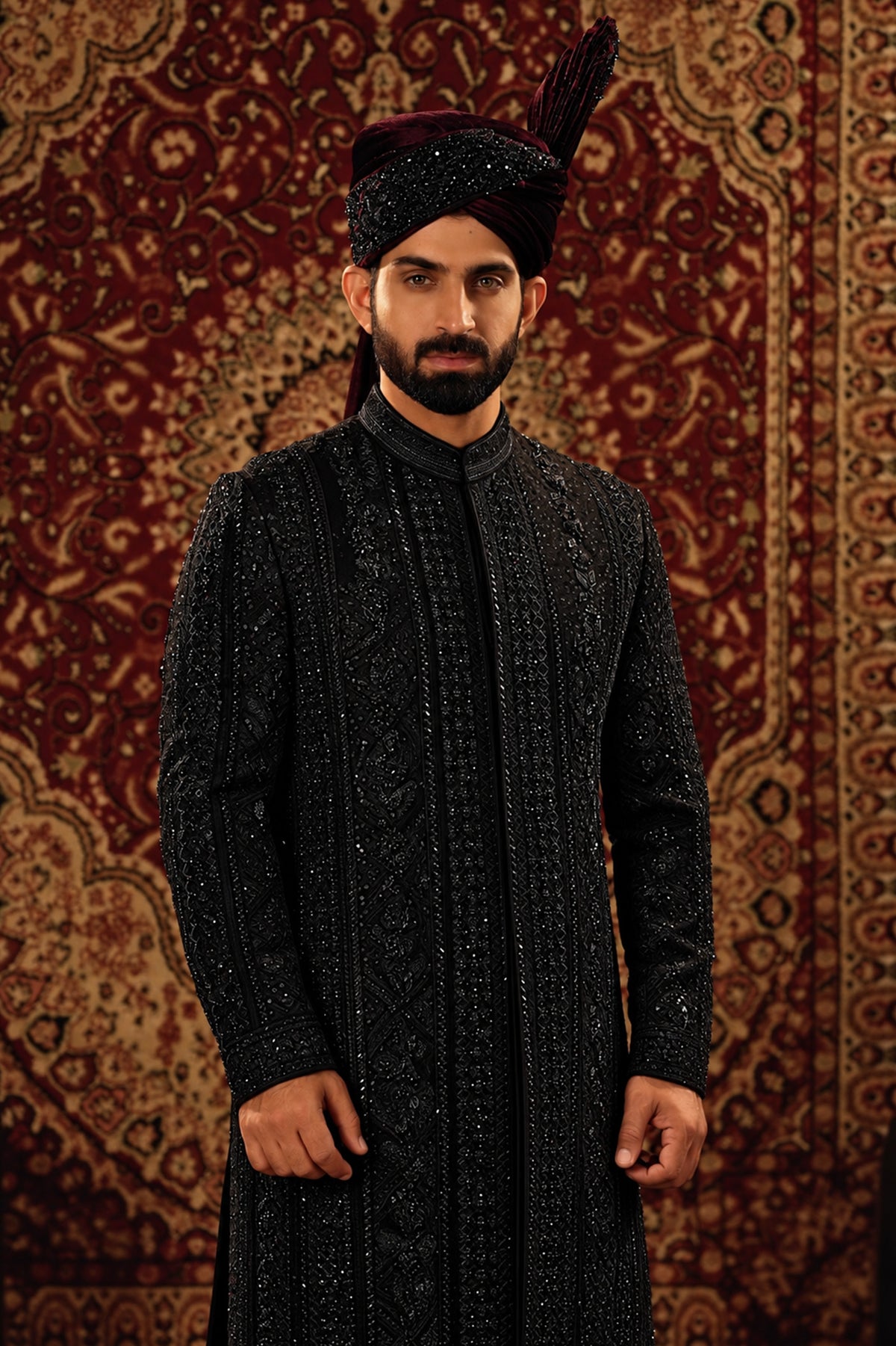 Black Embroidered Sherwani Set with Maroon Velvet Turban