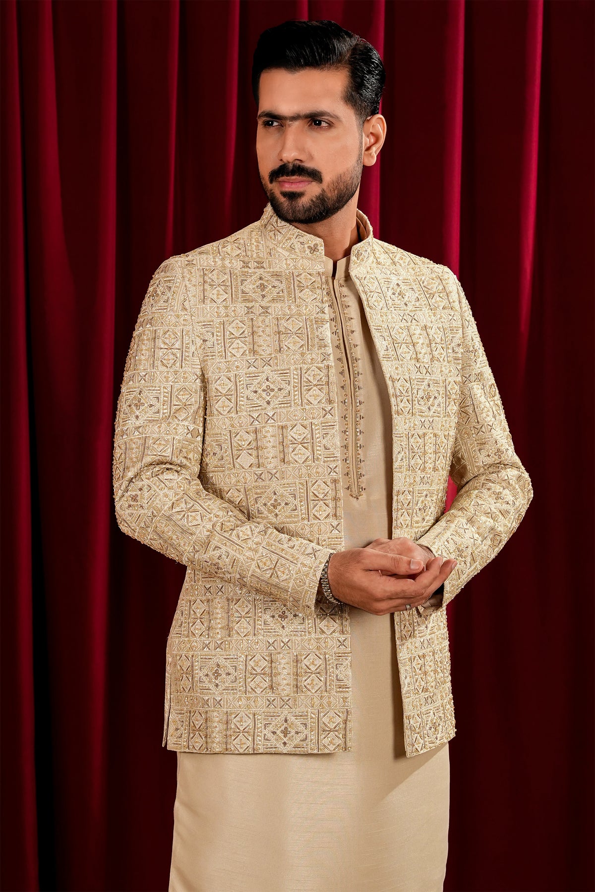 Fawn Embroidered Bandhgala Jacket Suit with Farshi Pajama