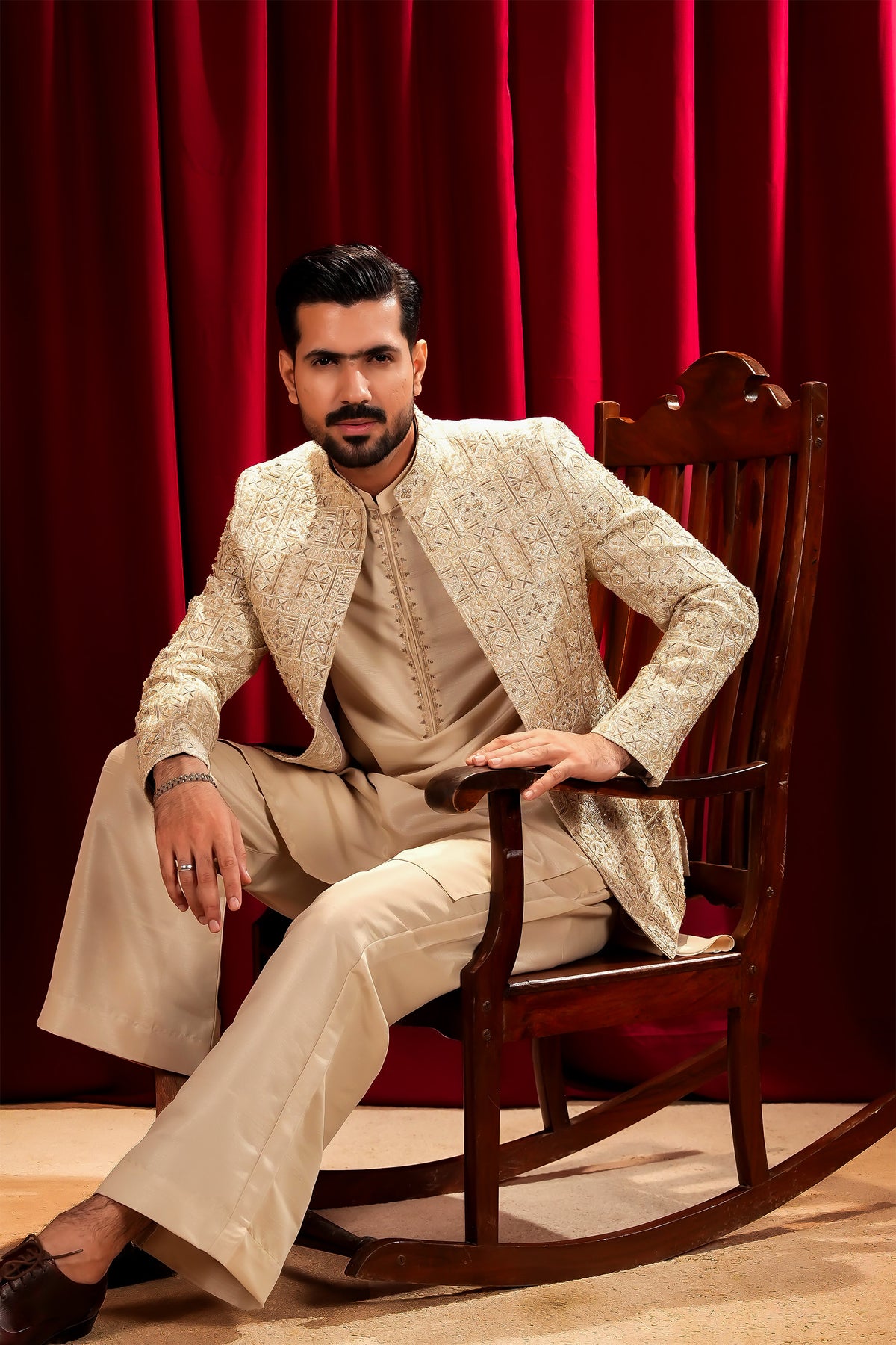 Fawn Embroidered Bandhgala Jacket Suit with Farshi Pajama