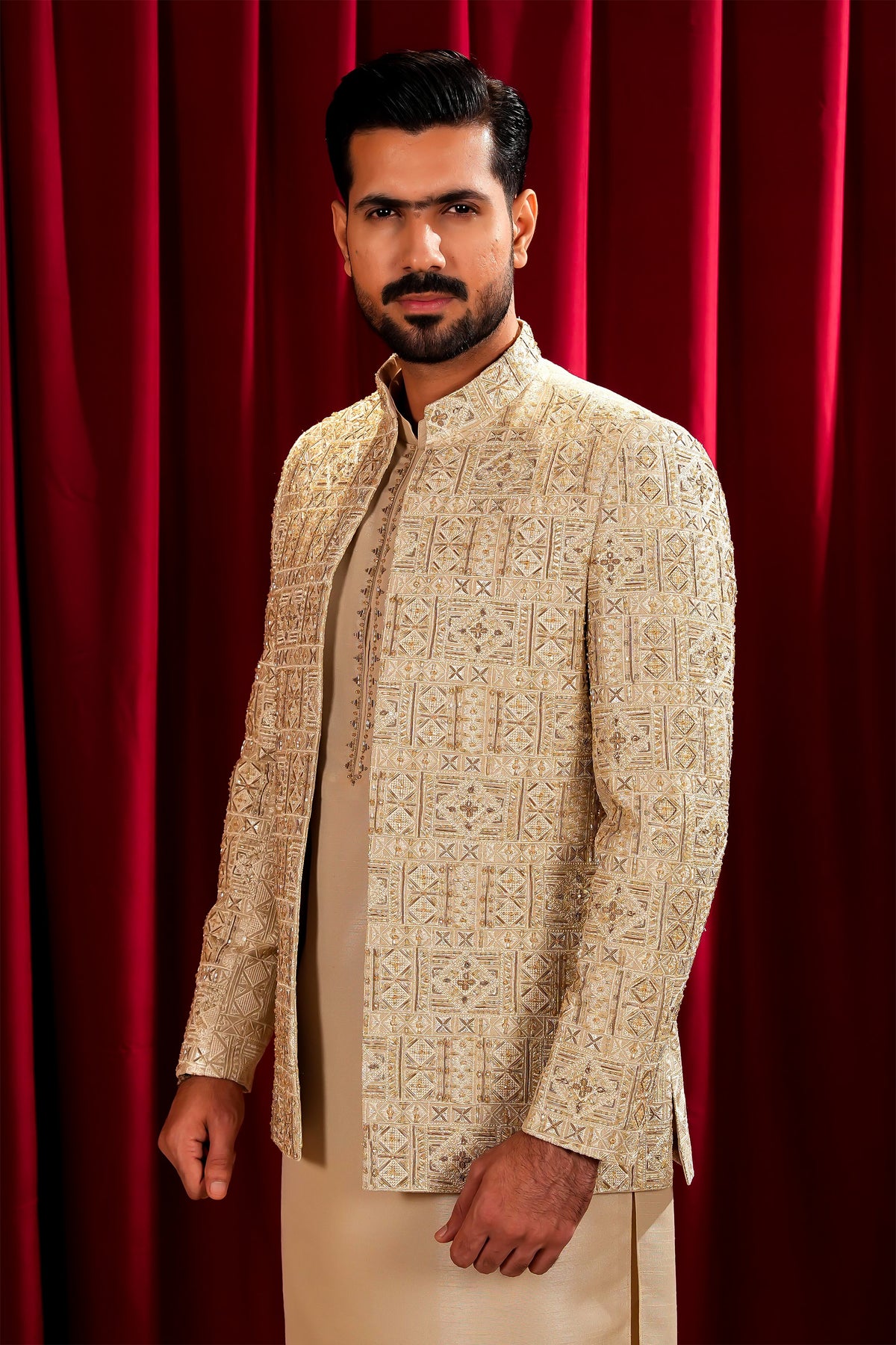 Fawn Embroidered Bandhgala Jacket Suit with Farshi Pajama
