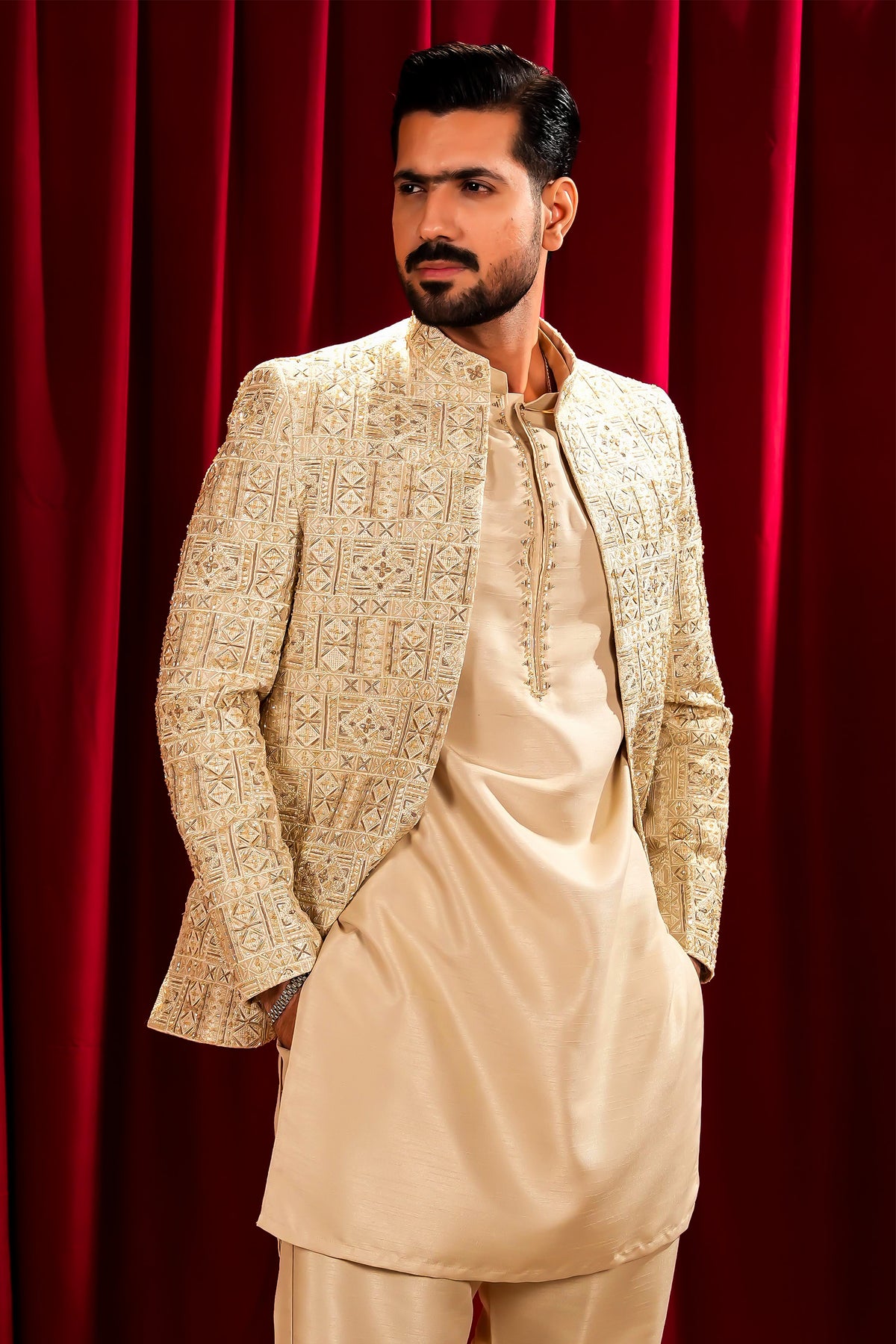 Fawn Embroidered Bandhgala Jacket Suit with Farshi Pajama