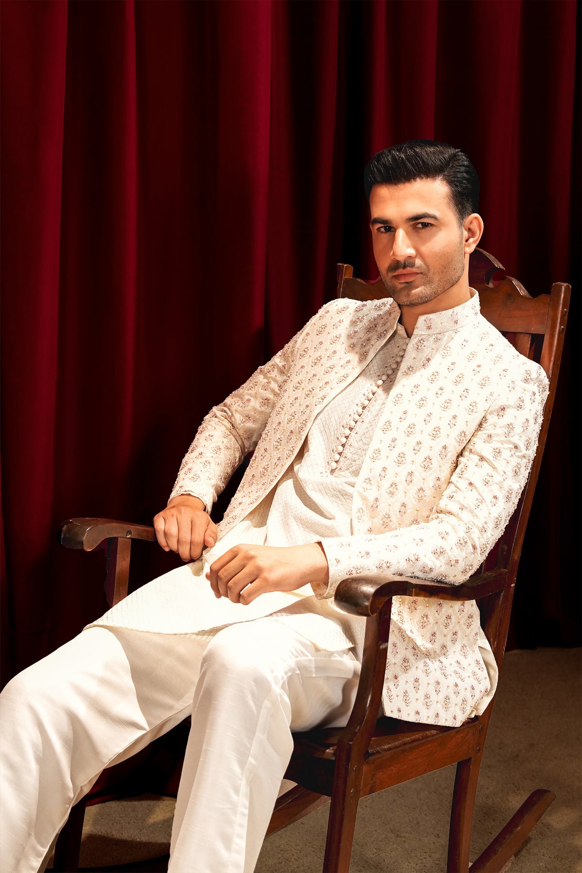 Off-White Embroidered Bandhgala Jacket Suit with Farshi Pajama