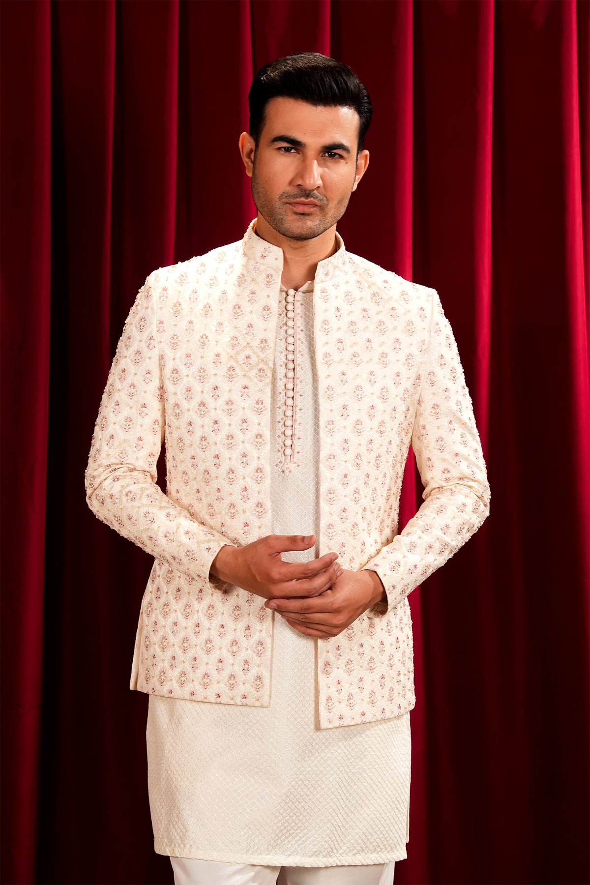 Off-White Embroidered Bandhgala Jacket Suit with Farshi Pajama