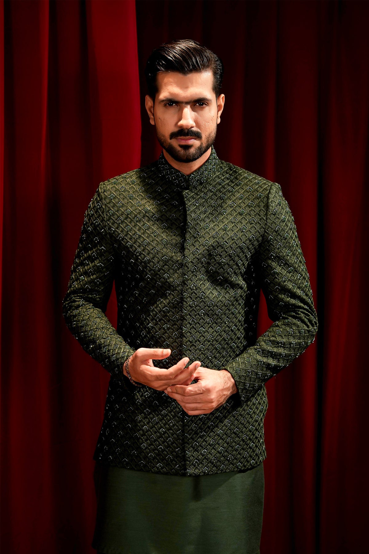 Bottle Green Embroidered Prince Coat with Ball-Button Kurta Pajama