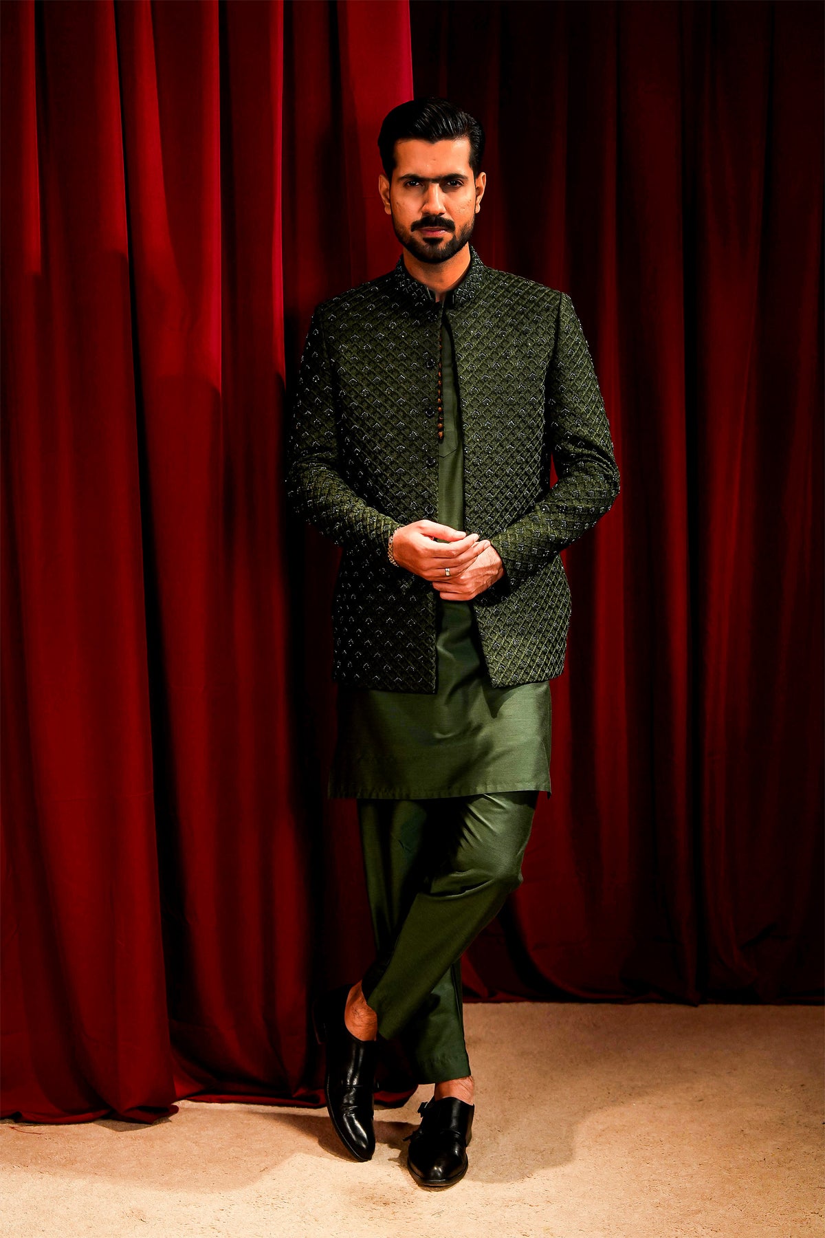 Bottle Green Embroidered Prince Coat with Ball-Button Kurta Pajama