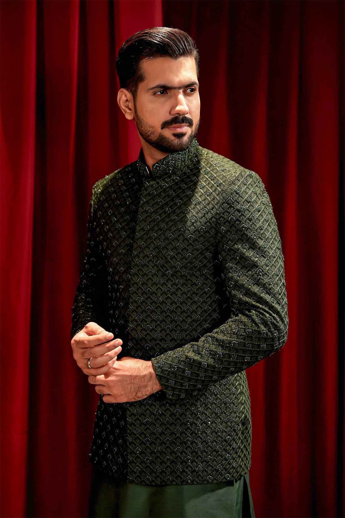 Bottle Green Embroidered Prince Coat with Ball-Button Kurta Pajama