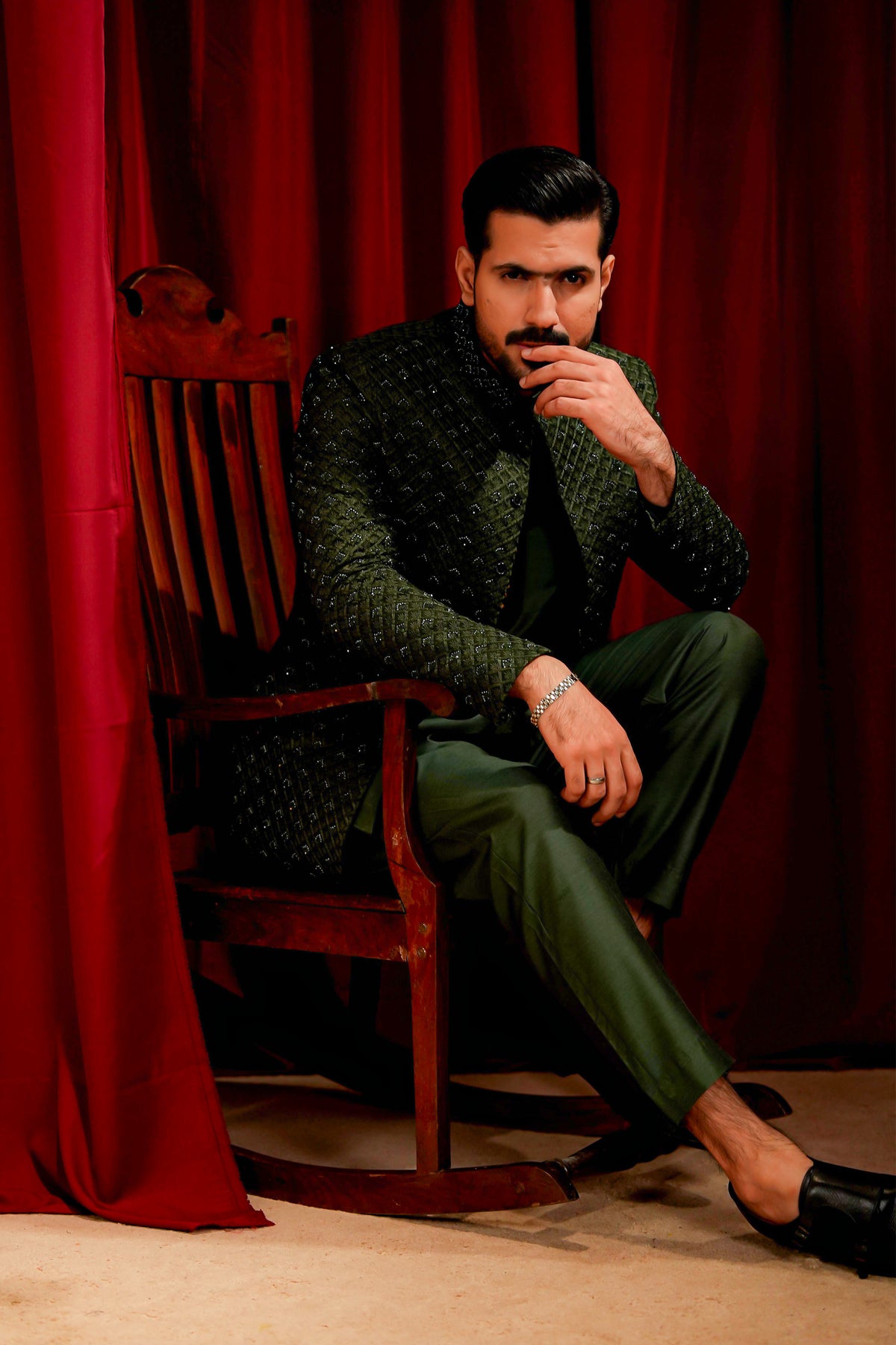 Bottle Green Embroidered Prince Coat with Ball-Button Kurta Pajama