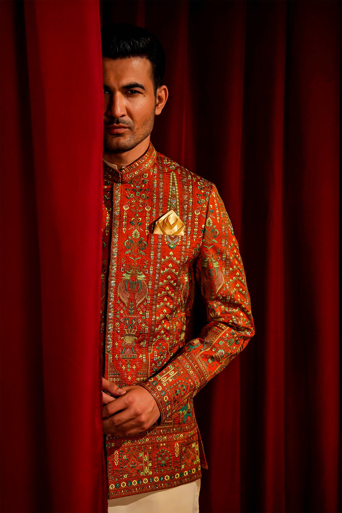Orange Embroidered Prince Coat with Cream Kurta Pajama