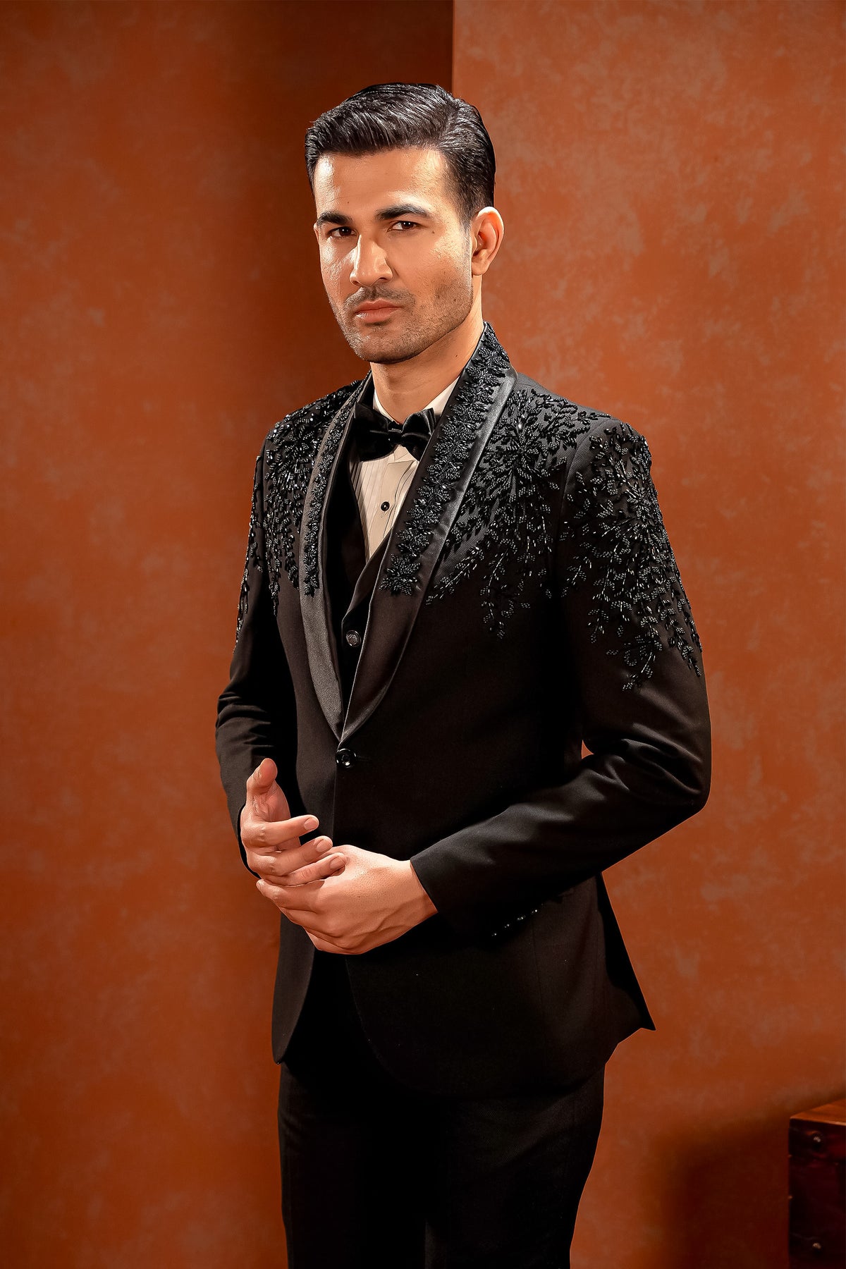 Black Embellished Shawl-Lapel Tuxedo with Waistcoat