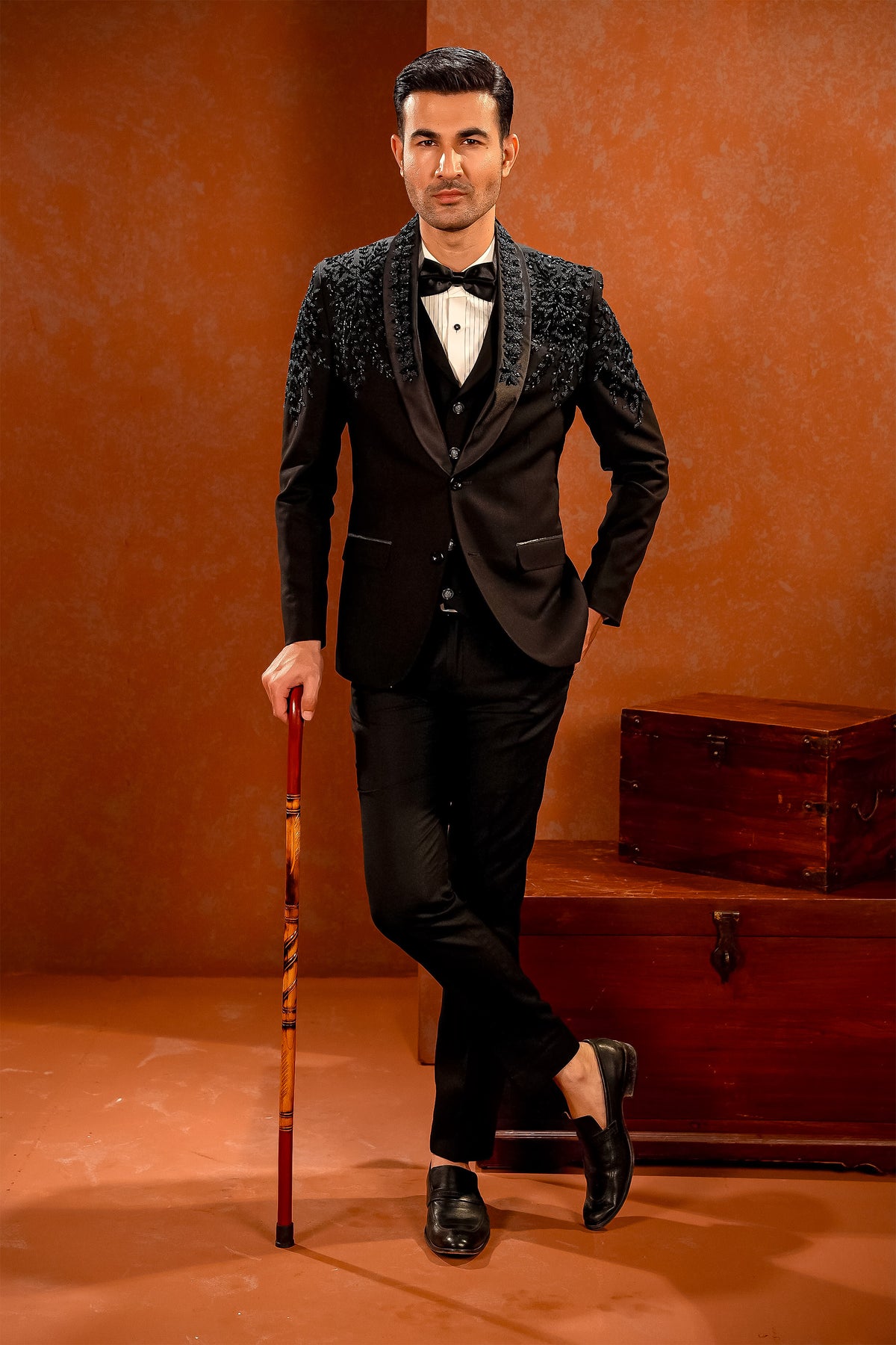 Black Embellished Shawl-Lapel Tuxedo with Waistcoat