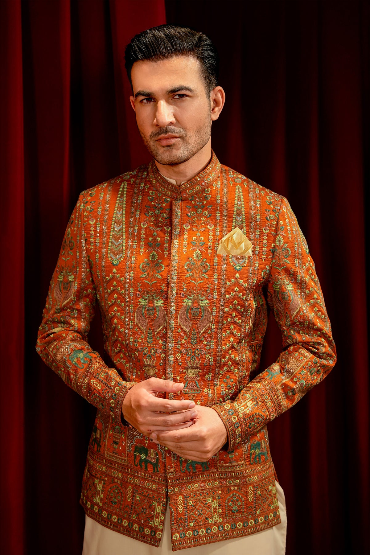 Orange Embroidered Prince Coat with Cream Kurta Pajama