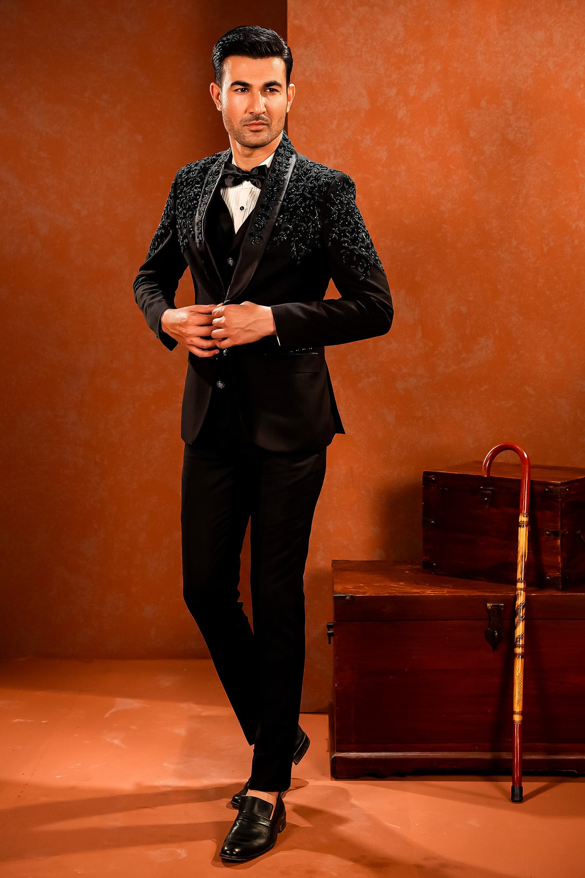 Black Embellished Shawl-Lapel Tuxedo with Waistcoat