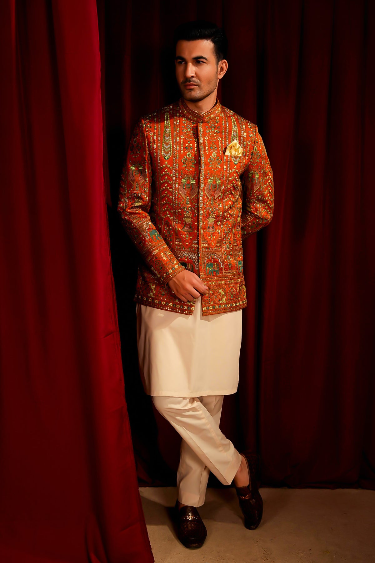 Orange Embroidered Prince Coat with Cream Kurta Pajama