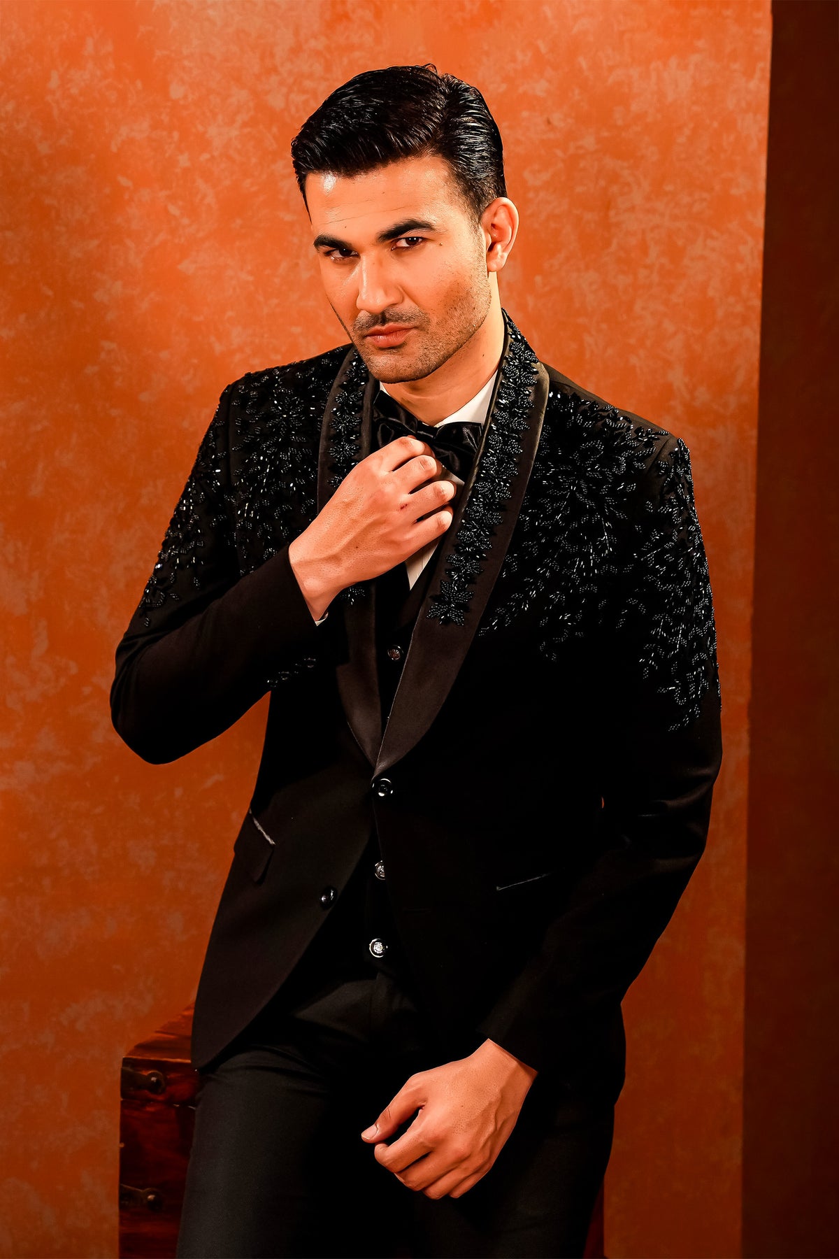 Black Embellished Shawl-Lapel Tuxedo with Waistcoat